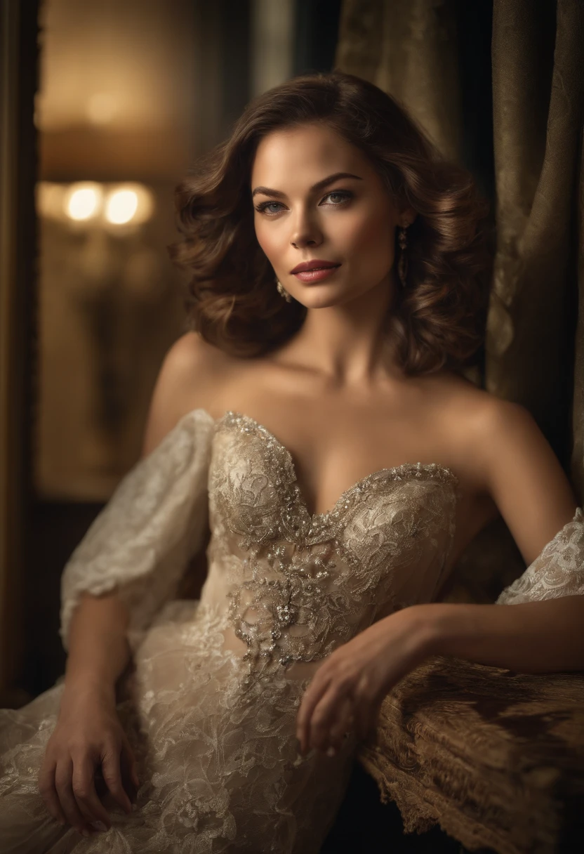 beautiful relaxed woman, sitting, chair, classical painting, portrait, detailed eyes, detailed lips, elegant atmosphere, graceful posture, soft lighting, oil painting style, rich colors, serene expression, luxurious setting, vintage furniture