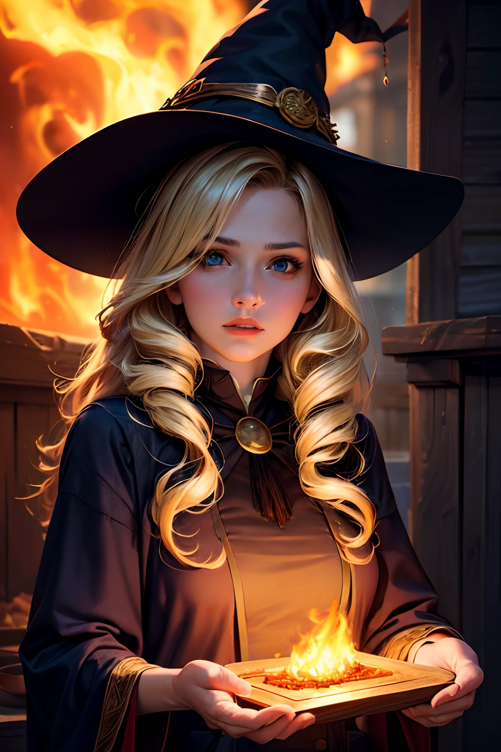 (best quality,highres,masterpiece:1.2),(beautiful face:1.1),(realistic:1.5),(blonde witch,Marischa Becker,30-year-old woman,fire magic:1.3),upper body