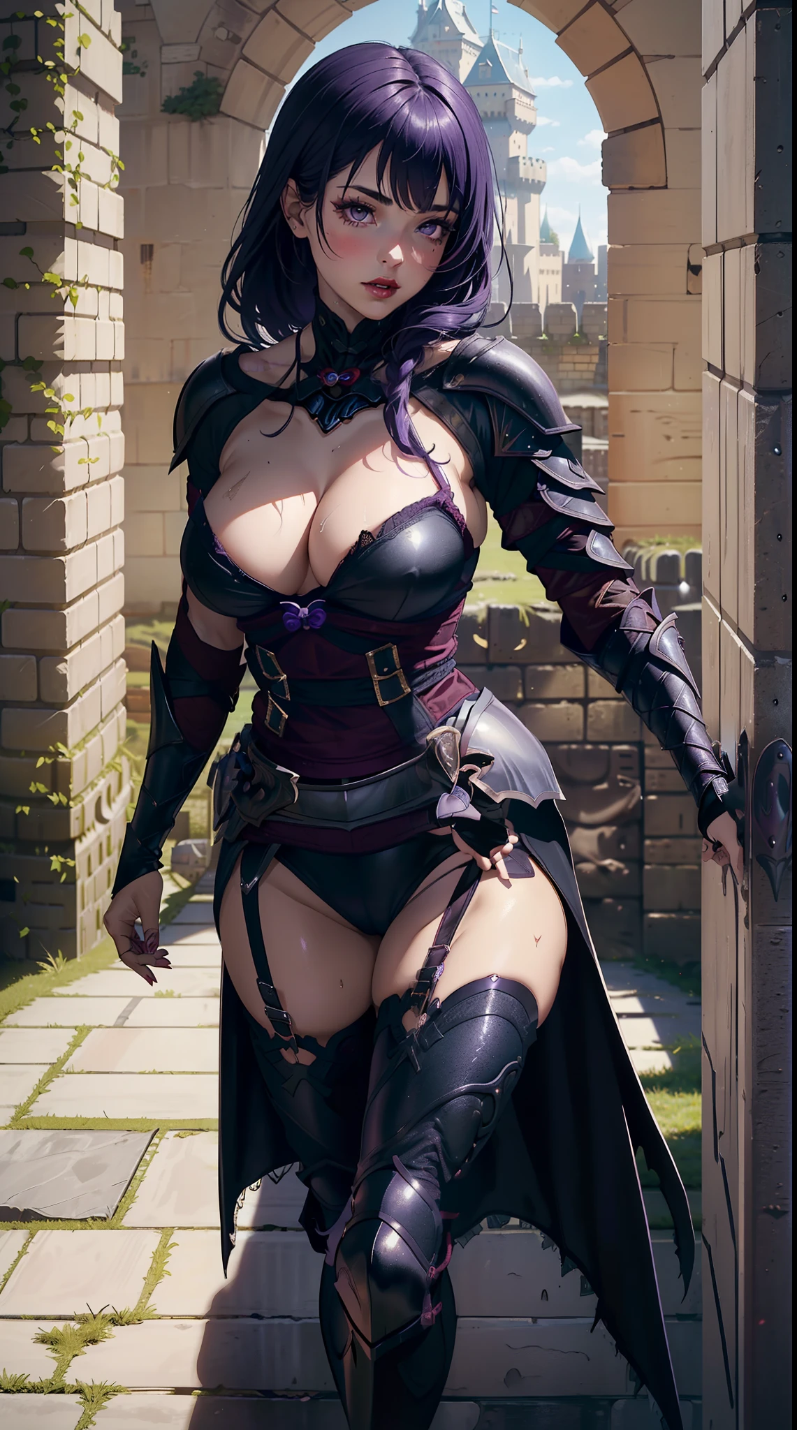 1female, cowboy shot,(dark light:1.4), blush, large breasts, (dynamic pose), red lip, pretty face, elegant, masterpiece, ultra detail, jewellery, eyeliner, (inside castle:1.8), (wearing sexy armor:1.8), (dark knight:1.5), (purple hair), (raiden shogun), (cleavage)
