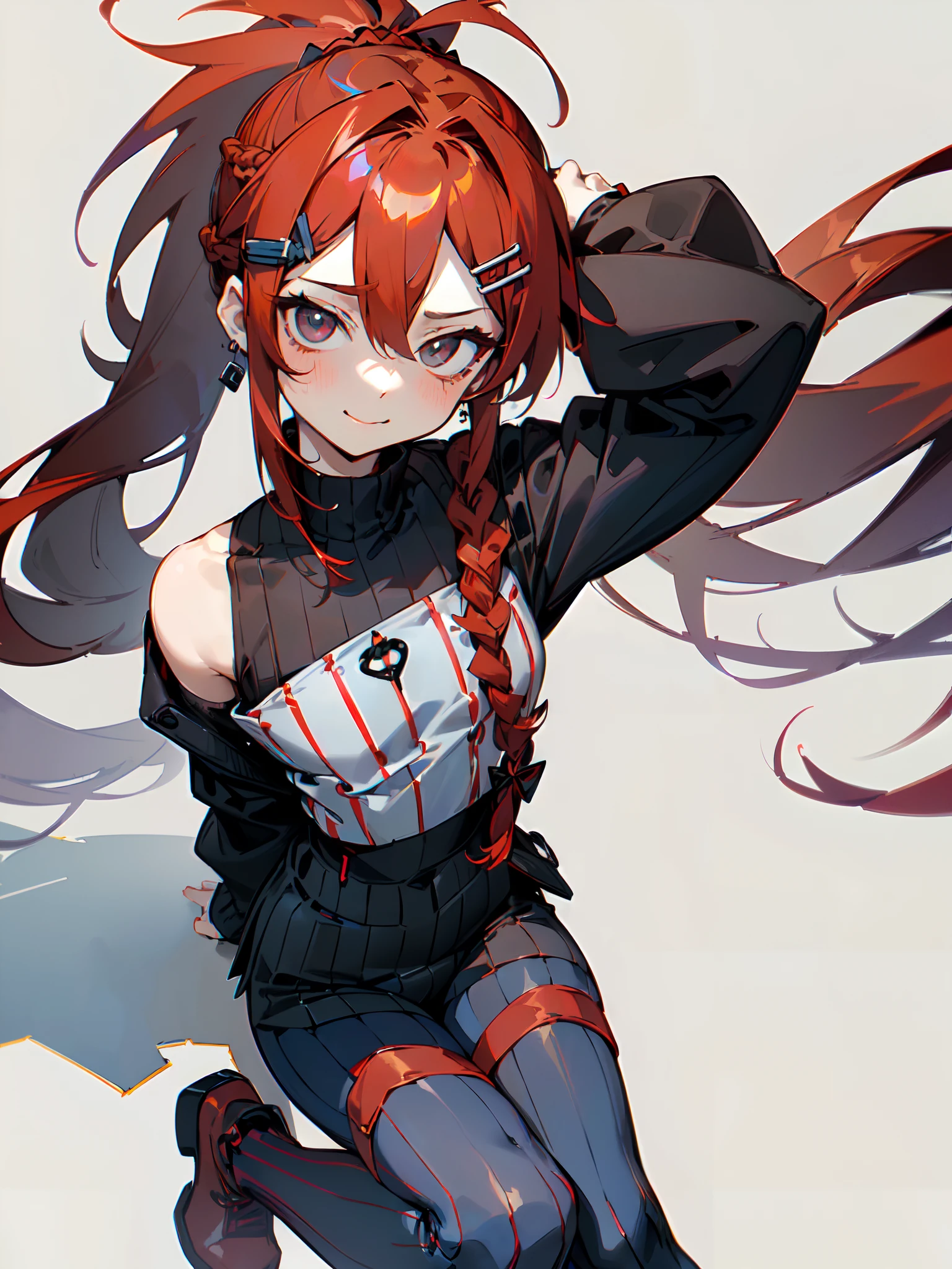 ((thigh-up portrait), 1 (masterpiece, sidelighting, finely detailed black eyes: 1.2), ((best quality)), ((masterpiece)), (highly detailed:1.3), anime, young girl, li, small chest, childish body, black shirt, turtleneck, open shoulders, ((open coat with oversized long sleeves)), oversized shorts, black shorts, pale skin, (shadowed eyes, darkened eyes), (tsundere, smirk), (extremely long hair, highlighted red hair, messy hair, braid, ponytail, hair between eyes, hairclips on left side), ((blue stripped tights)), earrings, red tatto on left arm, solo, 1girl, red boots,