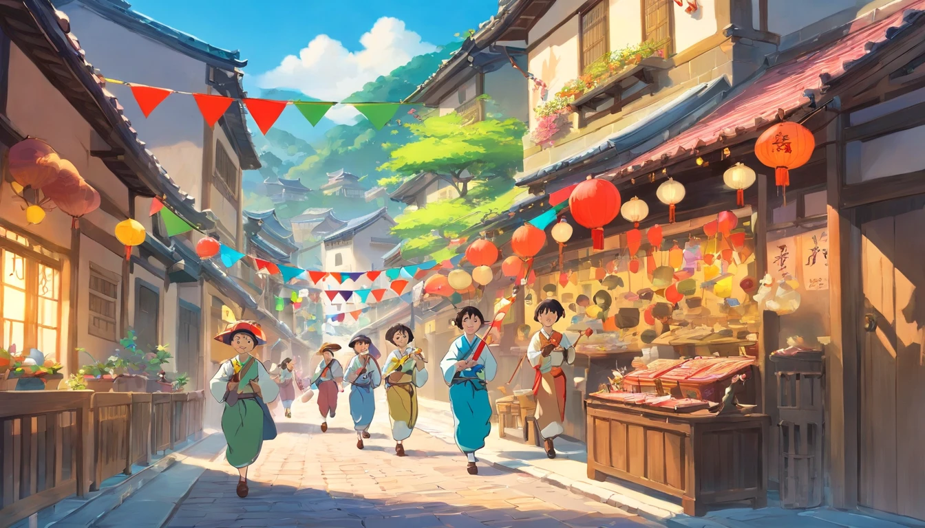 A group of Zhuang teams walked through the streets of the village,Holding an ant bridge and a bunting in his hand,Play the instrument cheerfully,Residents on both sides of the street followed,Receive an auspicious gift;The boy in blue takes the colored egg with both hands,Run to play with your friends;Bunting and gifts adorn the streets,It shows an atmosphere of festivity and happiness。