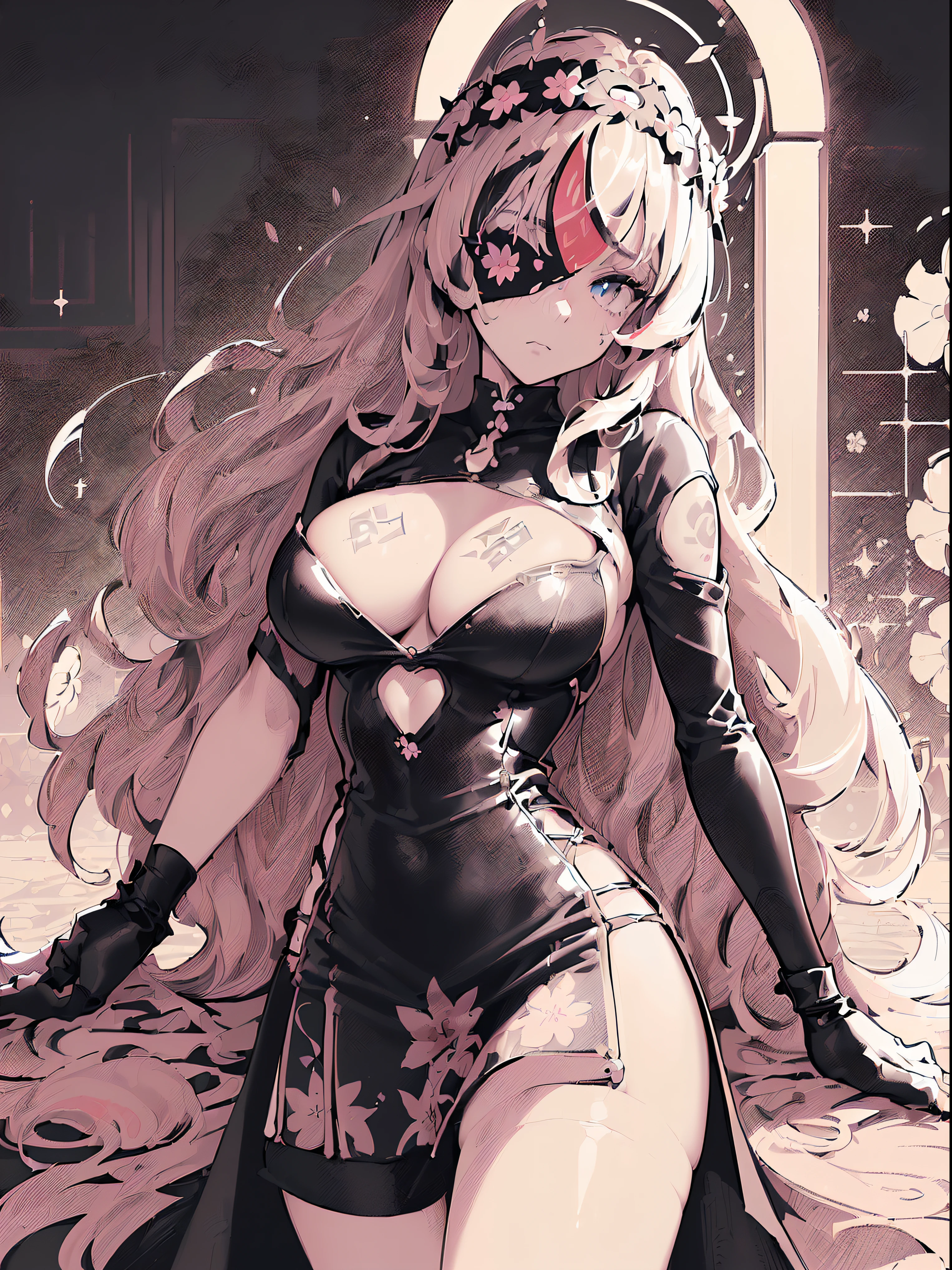 (((((( baggy T-shirt, daisy field,flower dome,))))))((((Blush:1.2,Loose cuffs,))))(((((((Monochrome world, Use only shades of black and white and little red, sparkling particles, geomerty:1.2, ))))))),((1girl,Amazing,Sharp focus,seductive lady,Solo,From below:1.1,((half kimono ,thigh ribbon,long latex gloves,))(((Masterpiece,Best quality, offcial art, Beautiful and aesthetic:1.2))),((hyper HD,Golden ratio,)) (16k),((Upper lens,facial tattoo)), (((sakura,flower crown))), (((Sagging breasts))))),(Physically-based rendering),Sharp focus, (((highdetailskin,))),intricate outfits,Delicate pupils,Cardiac pupils,Danfeng Eyes,((((detailed hairs|Long hair|Long bold side bangs|Cover your eyes|Naturally curly|streaked hair)))),Slender,(masterpiece sidelighting),(The sheen),(Beautiful hair,Beautiful eyes,)((unbelievable Ridiculous,)),((extremely_Detailed_Eyes_and_face)),film quality,(Dynamic configuration: 1.2),Brilliant,Glossy, (Photorealistic), ((cross pupils)), two-sided fabric,Ultra-precise depiction, Ultra-detailed depiction,
