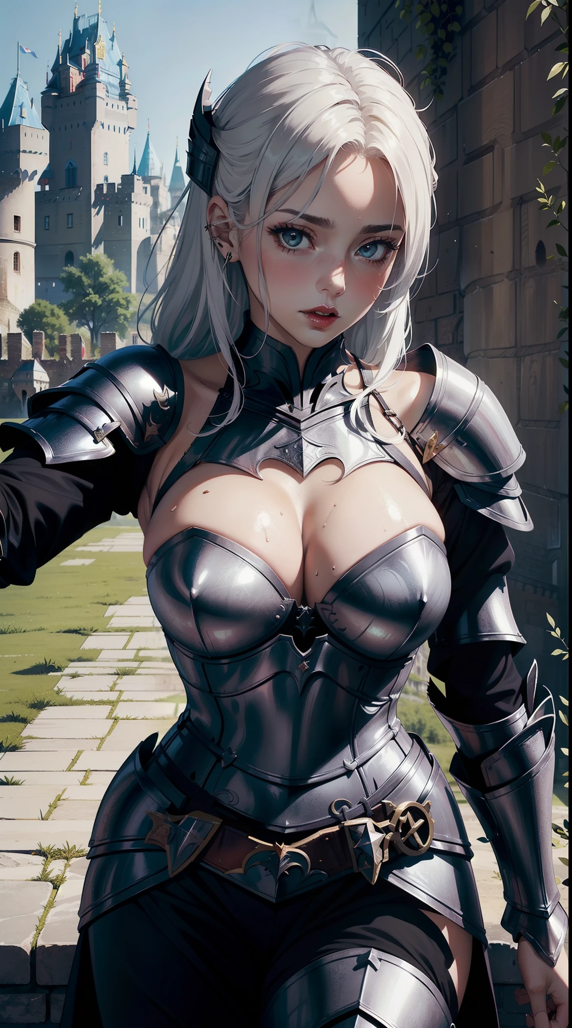 1female, cowboy shot,(dark light:1.4), blush, large breasts, (dynamic pose), red lip, pretty face, elegant, masterpiece, ultra detail, jewellery, eyeliner, (inside castle:1.8), (wearing sexy armor:1.8), (dark knight:1.5), (white hair), (tomboy), (cleavage)