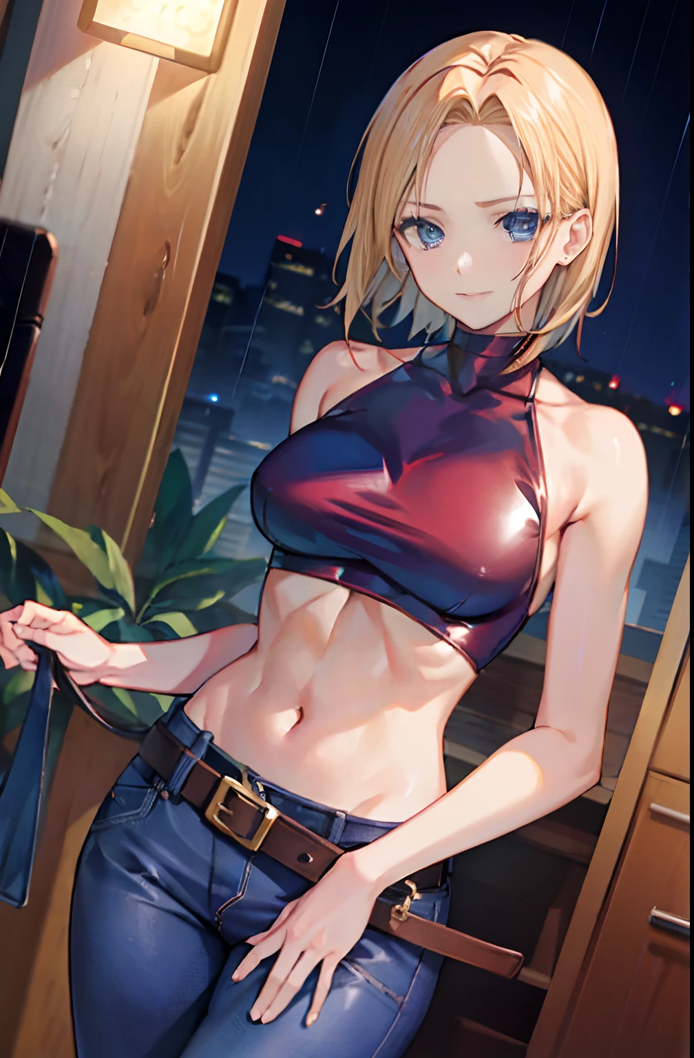 maryms, Best quality,(Beauty), 1girll,physically-based renderingt ,超高分辨率,(Cowboy shot:1.5),Narrow waist, Skinny, LeonaMS ,Muscular, Big blue eyes,Long legs,Jeans,Leather belt,Small breasts,Puffy eyes, Leather belt,(rainy city), Shiny skin, facingviewer, winning posture,