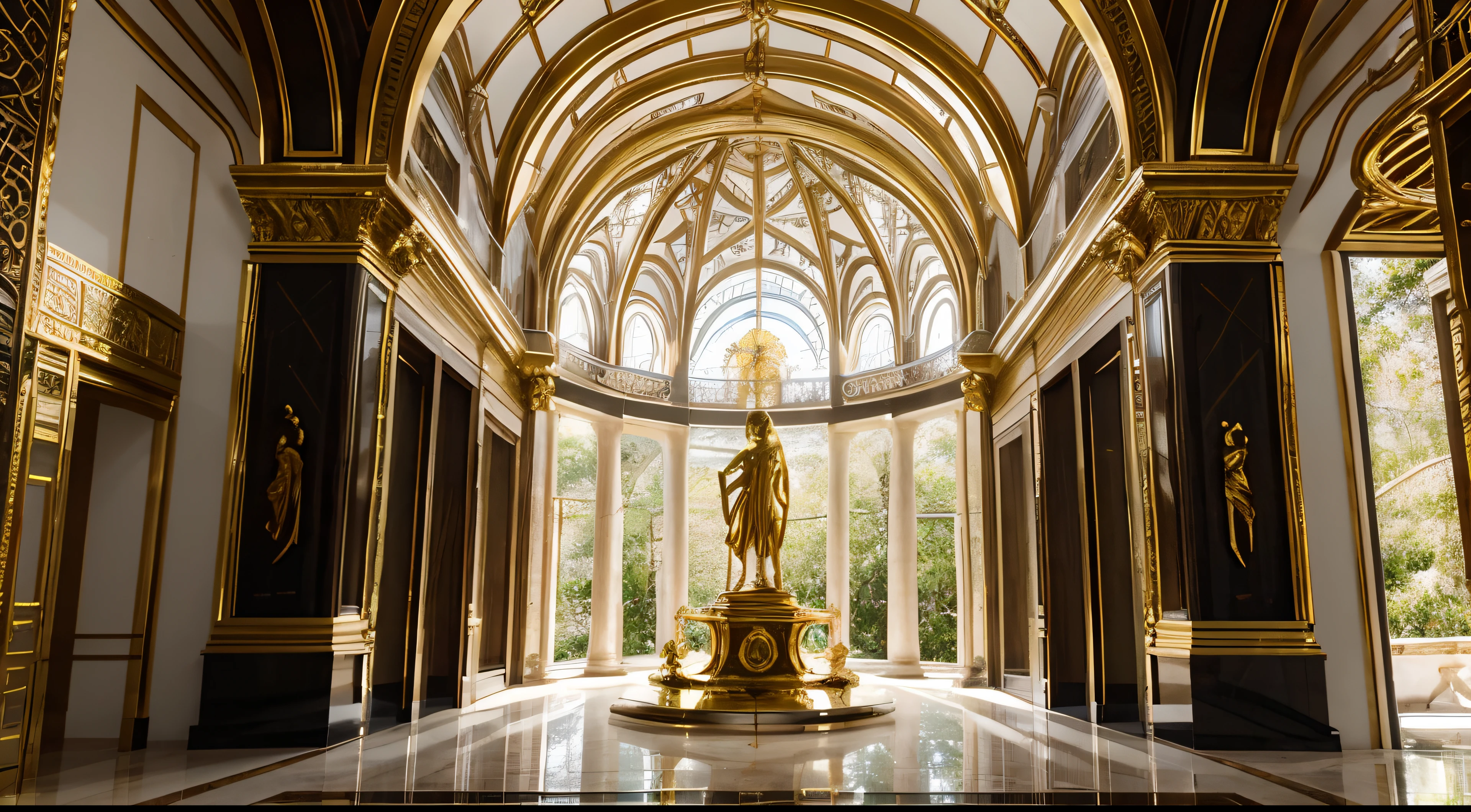 golden statue,Arquitetura maia,arquitetura asteca,Arquitetura dourada,ouro,selva,amazonia,cores ricas,Large statue,antigo,metal precioso,detalhes ornamentados,ouro cintilante,tamanho impressionante,majestic presence,Shining in the sunlight,architectural wonder,Inspirador,Artesanato meticuloso,ancient civilisation,floresta,aldeia,Reflexos dourados,Beleza requintada,Magnificent structure,gleaming surface,Vista inspiradora,architectural masterpiece,esculturas intrincadas,Opulent décor,architectural wonder,mesmerizing presence,Symbol of power and wealth,expression of astonishment,encantado pelo seu esplendor,atmosfera inspiradora