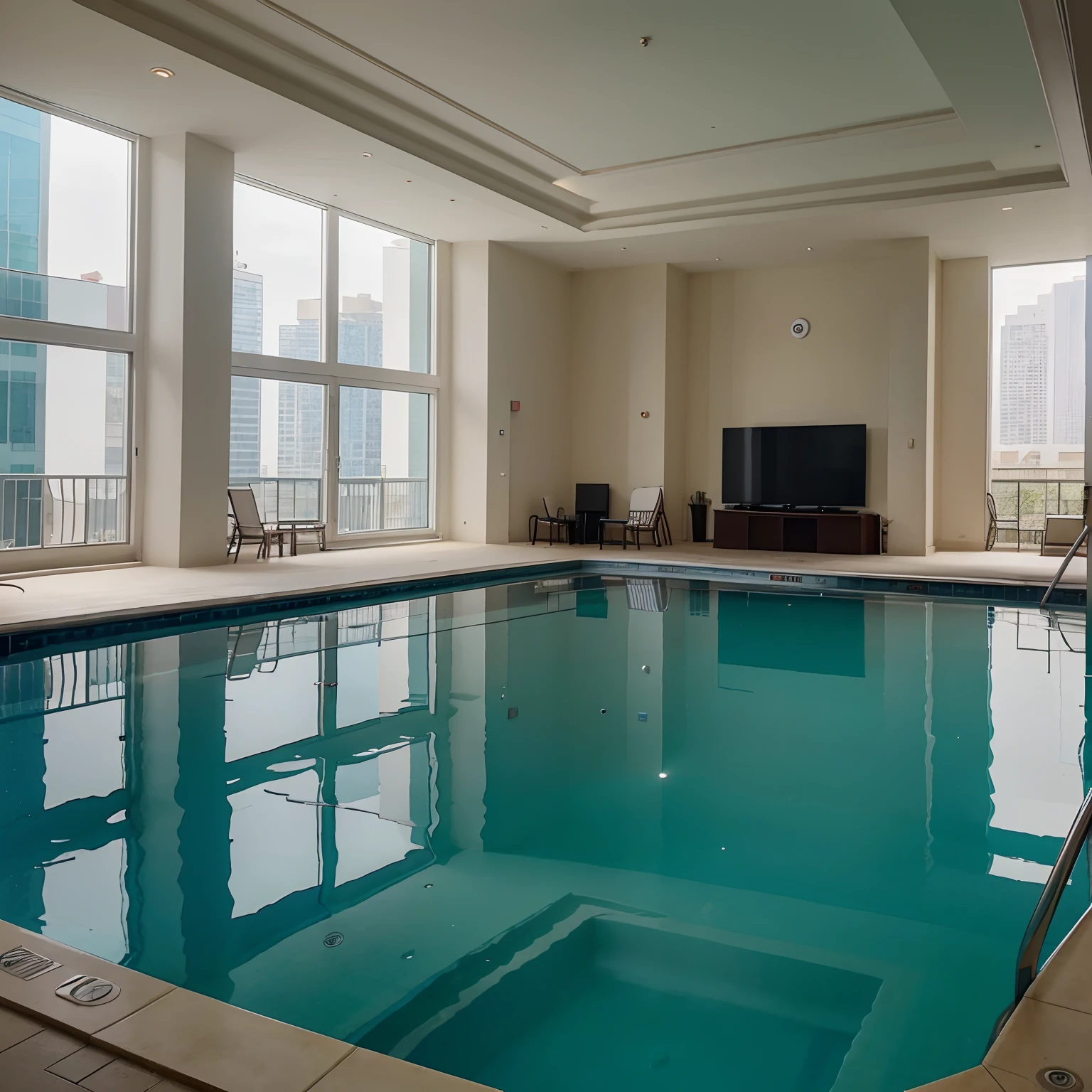 Residential condominium with four towers of twenty-story buildings and leisure area in the middle with party room spaces, indoor and heated pool and lots of landscaping