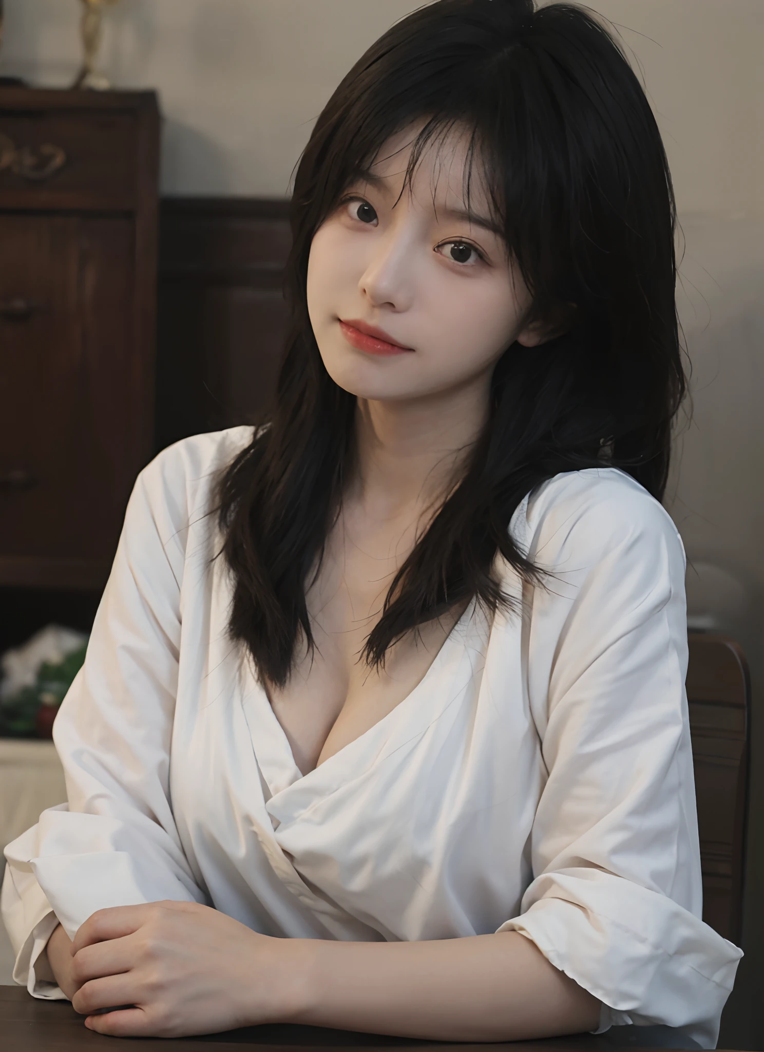 best qualtiy, 超高分辨率, (realisticlying:1.4), one-girl, A pair of clear and moving eyes,Royal Sister,Snow-white school uniform, (big cleavage breasts:1.2), looking at viewert, closeup cleavage ,