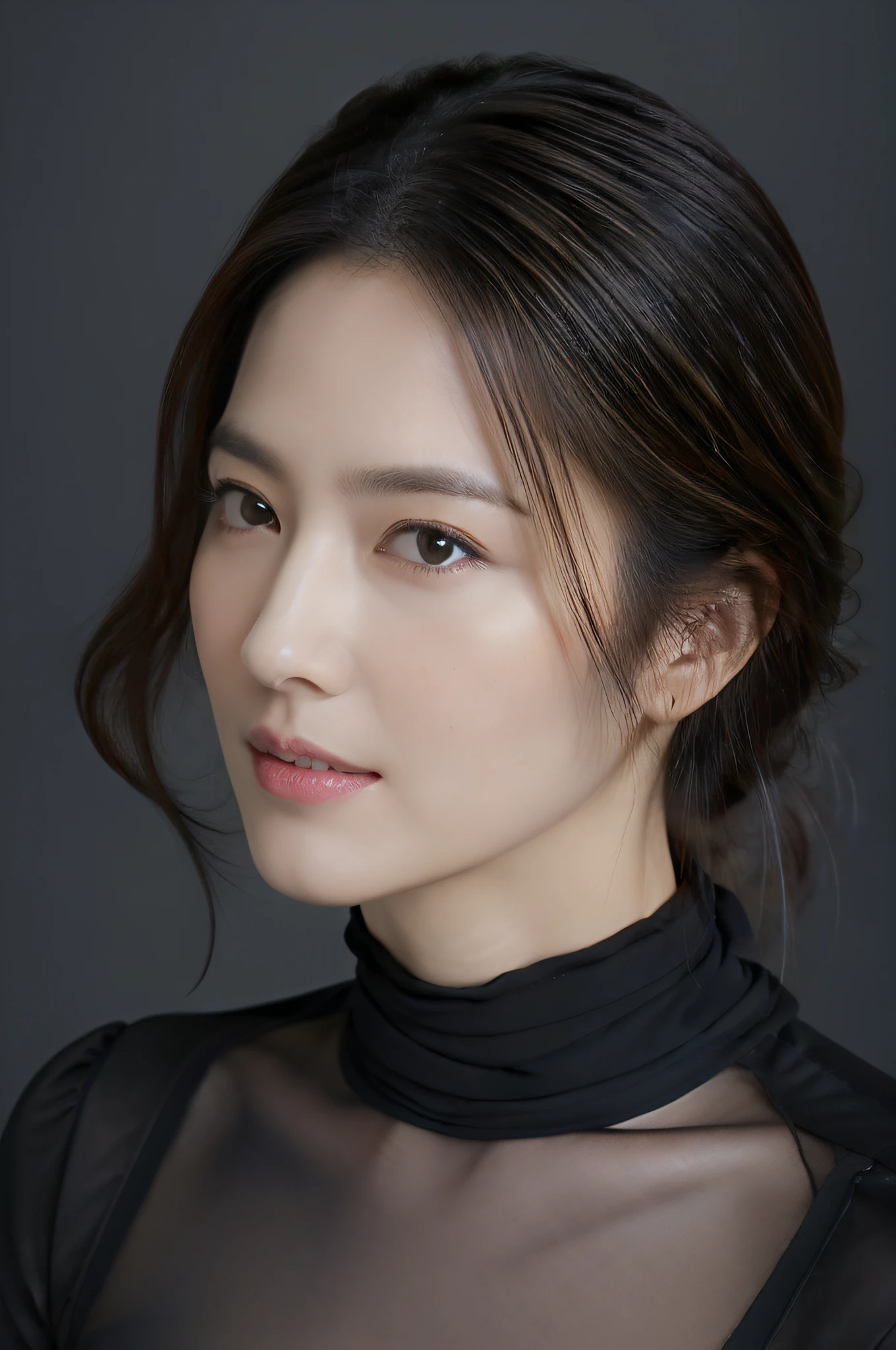 (masuter piece:1.3)、(Photorealsitic、Raw photography、top-quality: 1.4)、(1girl in)、(Lifelike face)、(A dark-haired、Long- :1.3)、（real looking skin）、（Black leather short sleeve shirt）、超A high resolution、A hyper-realistic、high-detail、