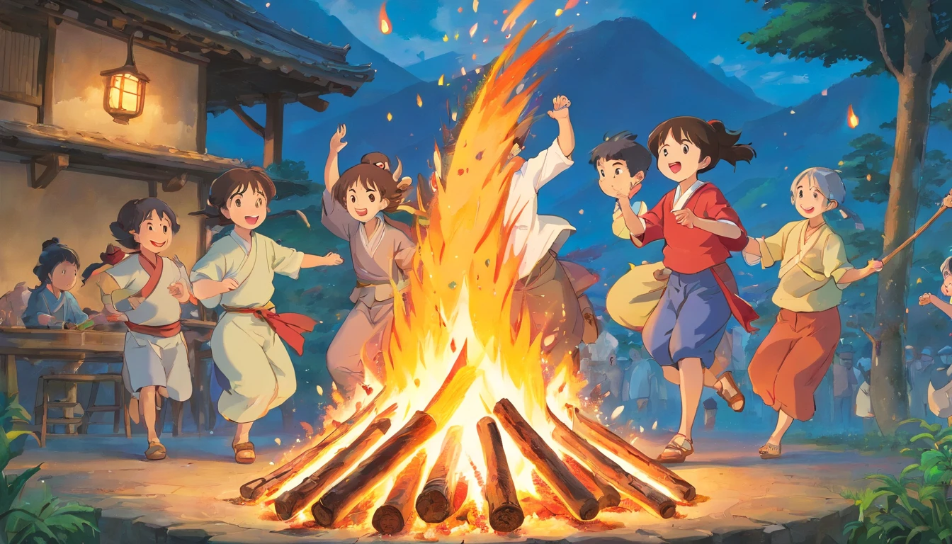 A bonfire was blazing，The Zhuang people dance around the bonfire、sing，Laughter and joy filled the scene；Children play traditional Zhuang games，Enjoy the food and pleasure。