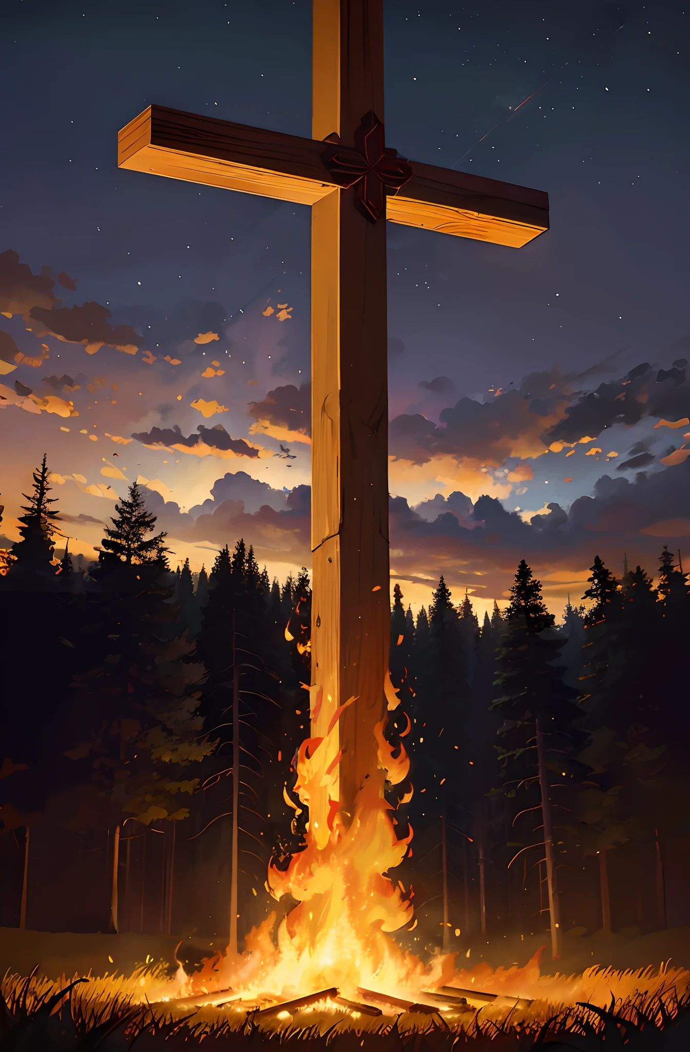 restore the cross behind the flames