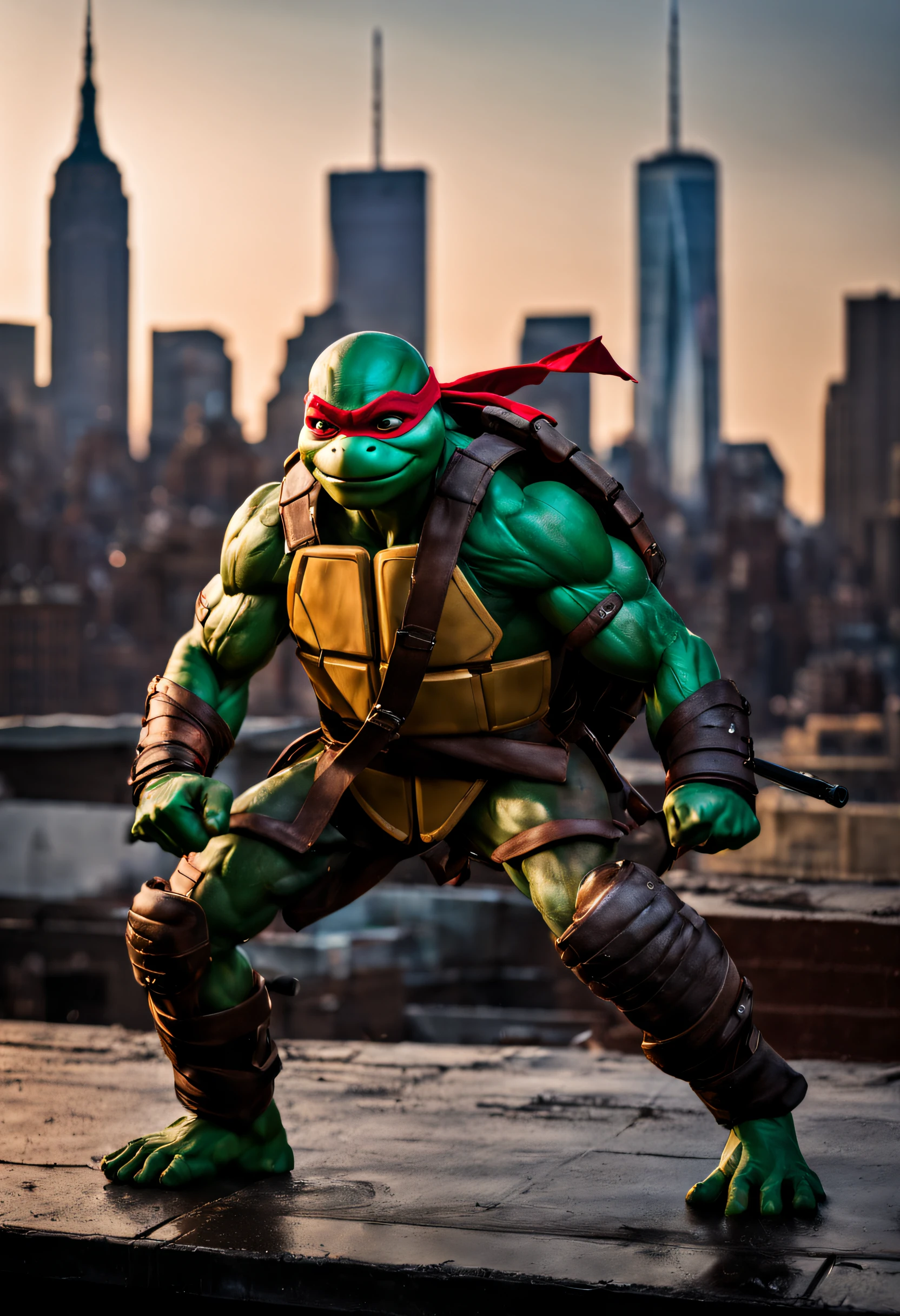 Raphael from Teenage Mutant Ninja Turtles, dynamic pose, mid-jump, holding his twin sai weapons, detailed, vibrant city rooftop backdrop, New York skyline at dusk, moody ambient lighting, reflections on wet surfaces, graffiti art, action-packed atmosphere, Canon EOS 5D Mark IV, 35mm lens, f/2.8, high-speed shutter. --v 5 --ar 16:9 --q 2