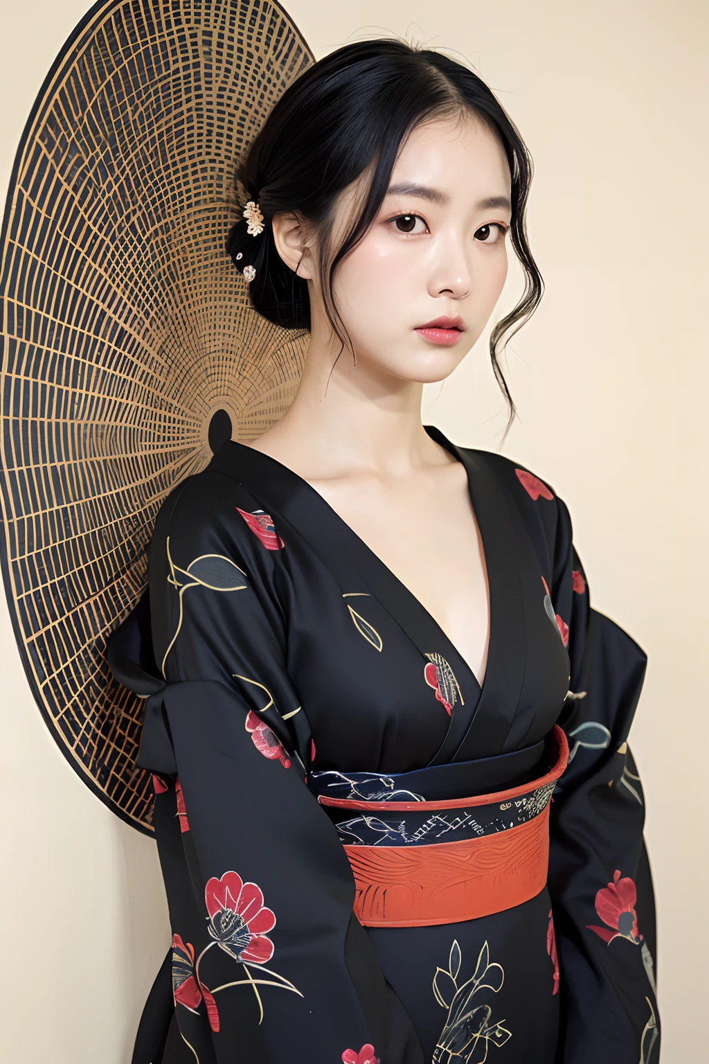 (extra detailed body、extra detailed face、best qualtiy:1.2)、femele、looking at the viewers、(Japanese pattern dress、asymmetry、Long black hair、Ukiyo-e wallpaper on background）