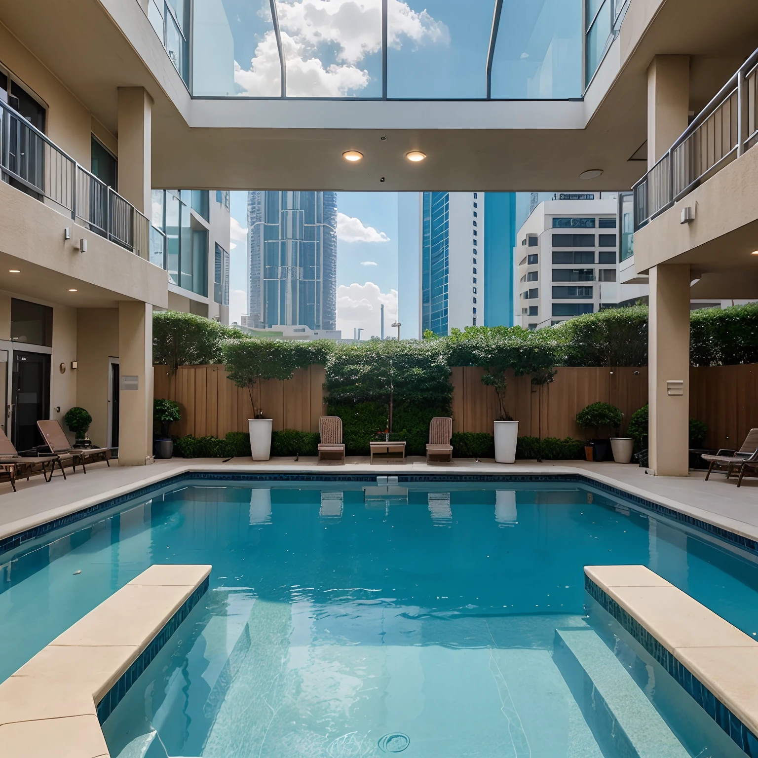 Residential condominium with four towers of twenty-story buildings and leisure area in the middle with party room spaces, indoor and heated pool and lots of landscaping