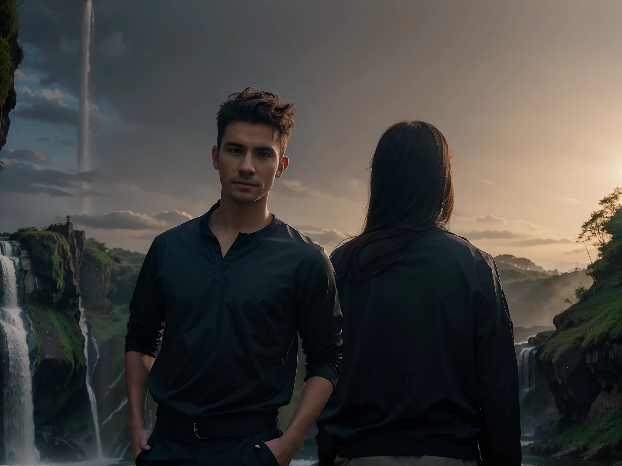 Just Change background to a waterfall. Realistic 8k.