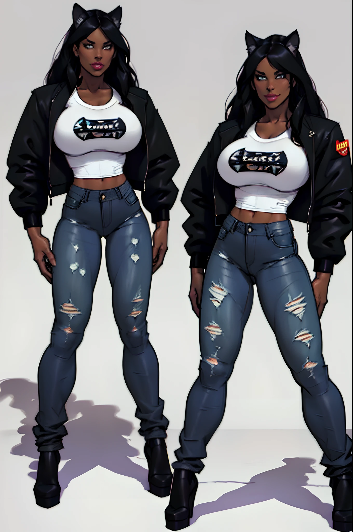 ((masterpiece)),(((best quality))),((character design sheet)), illustration,1woman, (beautiful woman: 2), (huge breasts: 1.2) environment Scene change, cat ears, (golden eyes: 1.6) muscular, (very dark skin:1.8), (black female), (black pants), (tight pants), (black lace bra) (black lace top) Blake Belladonna, thick legs, (white denim jacket:1.5), scribbles and marks, fire, ((detailed face:1.1)), rough sketches, poses, black hair, straight hair, long hair, black and white color palette, 8k,16k, (simple background, light background: 1.3) solo.