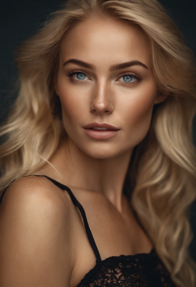 Front bodyshot of a 25-year-old European woman, confidently pointing at the camera with a serious Expression, blonde hair cascading down her shoulders in soft waves. Her skin is amazingly detailed (1.4), with a natural glow and virtually invisible pores (0.6). The intricacy of her makeup is captured in great detail (1.2), accentuating her defined features and sculpted cheeks. Her eyes, dark and captivating, are sharply focused and detailed (1.2), with deep, expressive pupils.
Set against a black backdrop, the woman is bathed in soft studio light. The image exudes a dark and mysterious atmosphere, with a