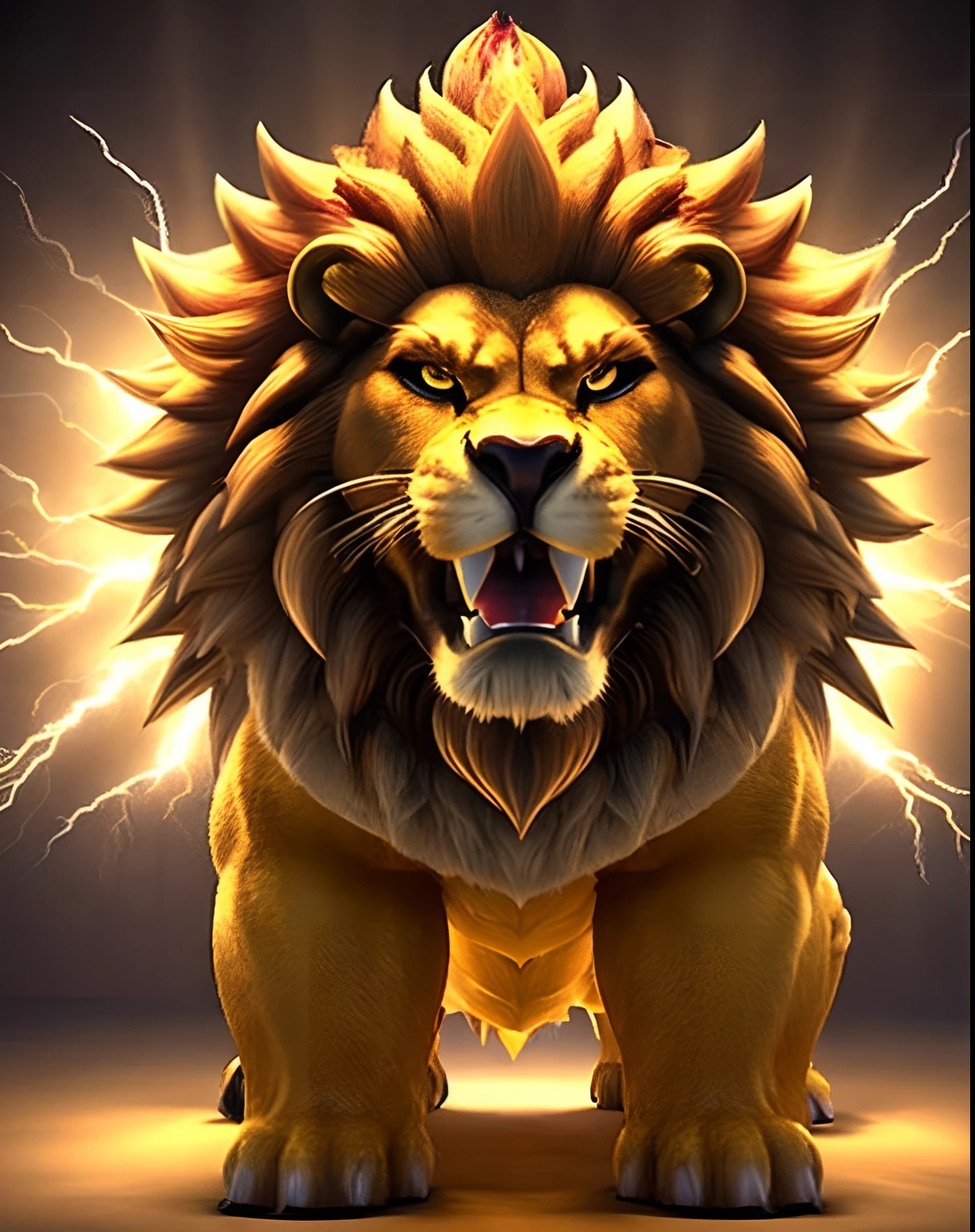 best quality,3d render,god of thunder,lion-like,regal and powerful,majestic lightning,sparkling eyes,muscular physique,intense expression,detailed textures,African mythology,heroic pose,golden jewelry,ornate crown,billowing cape,strong and confident presence,vibrant colors,rich and dynamic lighting,striking composition,perfectly captured moment,captivating artistic style