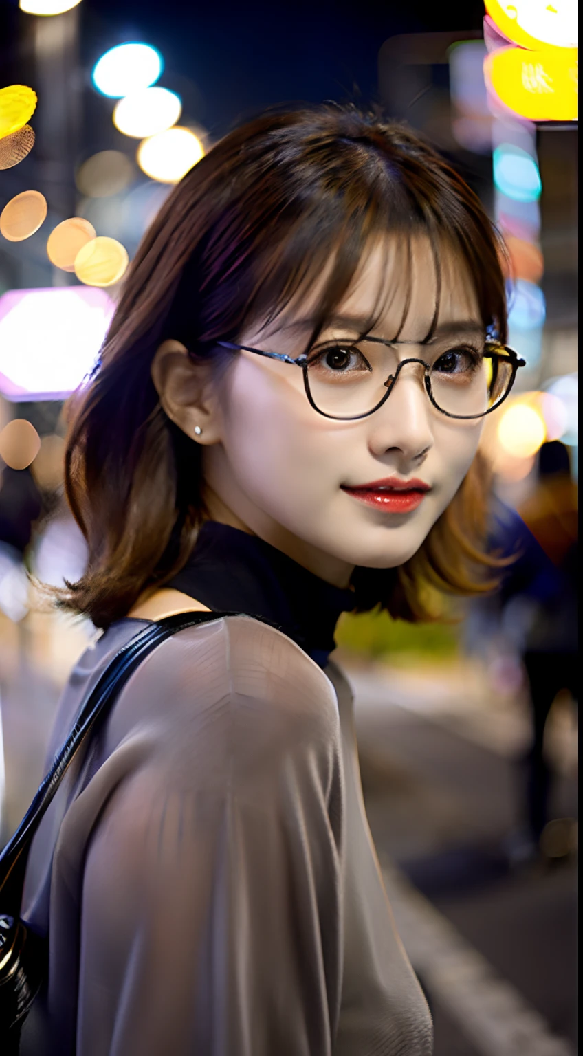 (8K、Raw photography、top-quality、​masterpiece:1.2)、(realisitic、Photorealsitic:1.37)、ultra-detailliert、超A high resolution、1人、see the beholder、beautifull detailed face、A smile、Constriction、(Slim waist) :1.3)、Collar shirt、Beautiful detailed skin、Skin Texture、Floating hair、Professional Lighting、In the street、Black square glasses 、Whole human body、Brown hair