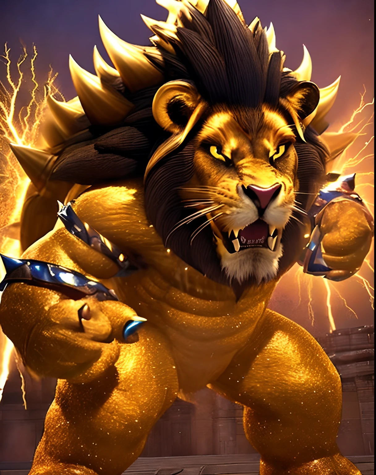 best quality,3d render,god of thunder,lion-like,regal and powerful,majestic lightning,sparkling eyes,muscular physique,intense expression,detailed textures,African mythology,heroic pose,golden jewelry,ornate crown,billowing cape,strong and confident presence,vibrant colors,rich and dynamic lighting,striking composition,perfectly captured moment,captivating artistic style