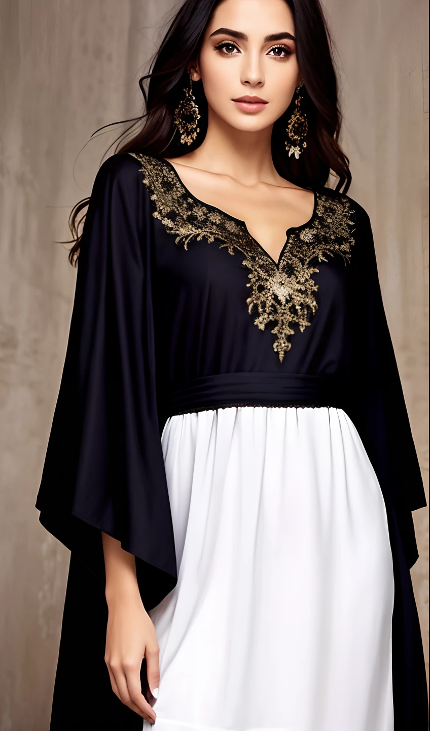 uma mulher com um vestido preto em frente a uma parede, vestir, long tunic, editing, vestido longo preto escuro, Embroidered robes, vestido astral, vestido preto com cinto, Vestidos, classical robes, black tunic, em vestes escuras com detalhes dourados, dark flowing robe, Classic witch dress, elegant robes, manto preto profundo, flowing robe, vestido escuro elegante