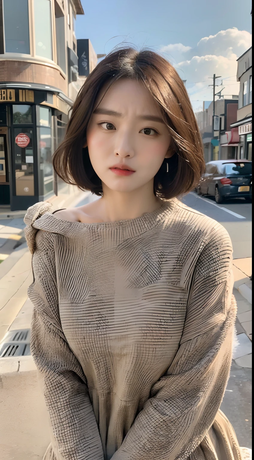 ((Best Quality、8K、masterpiece:1.3))、Focus:1.2、Perfect beauty:1.4、((Cut hair in layers、Poor breasts:1.2))、、(cloudiness、a street:1.3)、JK Dresses:1.1、Highly detailed facial and skin texture、A detailed eye、二重まぶた、Whiten skin、Hair length、(with round face:1.5)、cowboy shot、Winter clothes