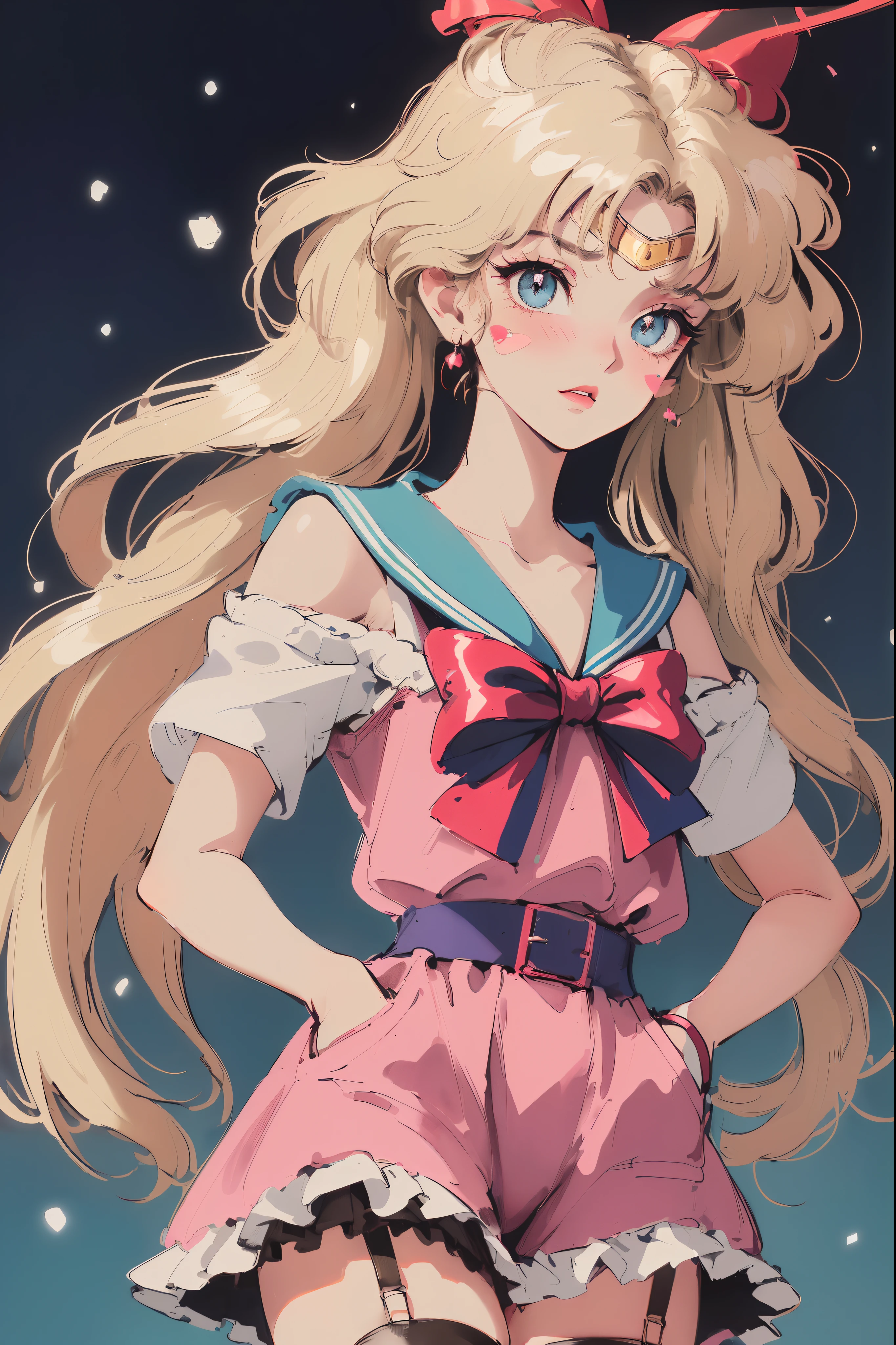 ((((blonde haired girl with sapphire eyes,Minako Aino ，retro anime girl , sailor moon aesthetic, anime vintage colors，Vaporwave style,90's anime style,have the style of folk portraits,chicano inspired retro fashion，renaissance,  retro style inspiration retro,snow pieces, fresh and clean appearance，))))(masterpiece:1.2, best quality,top quality,epic quality,UHD), (detalhes intrincados),((head tilts,hands in pockets,Clavicle control,embarrassed face,blushing,blush stickers，)) 1girls, solo,minimal makeup, tecidos naturais,adolescent,under-aged,young face, cara travessa,((blur background,))  ((((In the background of 楓葉 with shadow,))))blueberry hair,{long hair|Clearly visible hair|natural curved|long twintail|supple hair},claros, franja, franja na testa,incredibly_absurdres pupils,saia plissada, (((sagging breasts,red bow on front))), face madura, detailed face, ((ultra-detailed, Sun glare, Bokeh:85mm)), (geometric:1.2),)),  ((bare shoulders,frills,short sleeves,Dark ，and pink dress，thigh ribbon,garter_belt,))ray tracing,god lighting,god ray)),((extremely_Detailed_Eyes_and_face)),(Beautiful and aesthetic: 1.2),Brilliant,unbelievable Ridiculous quality,)),((extremely_Detailed_Eyes_and_face)),(Beautiful and aesthetic: 1.2),Brilliant，Ultra-precise depiction, Ultra-detailed depiction,Bokeh (85mm Shot)，