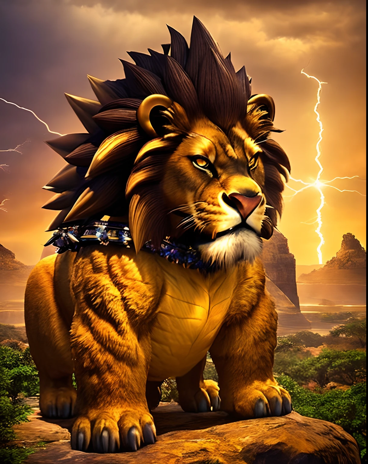 best quality,3d render,god of thunder,lion-like,regal and powerful,majestic lightning,sparkling eyes,muscular physique,intense expression,detailed textures,African mythology,heroic pose,golden jewelry,ornate crown,billowing cape,strong and confident presence,vibrant colors,rich and dynamic lighting,striking composition,perfectly captured moment,captivating artistic style