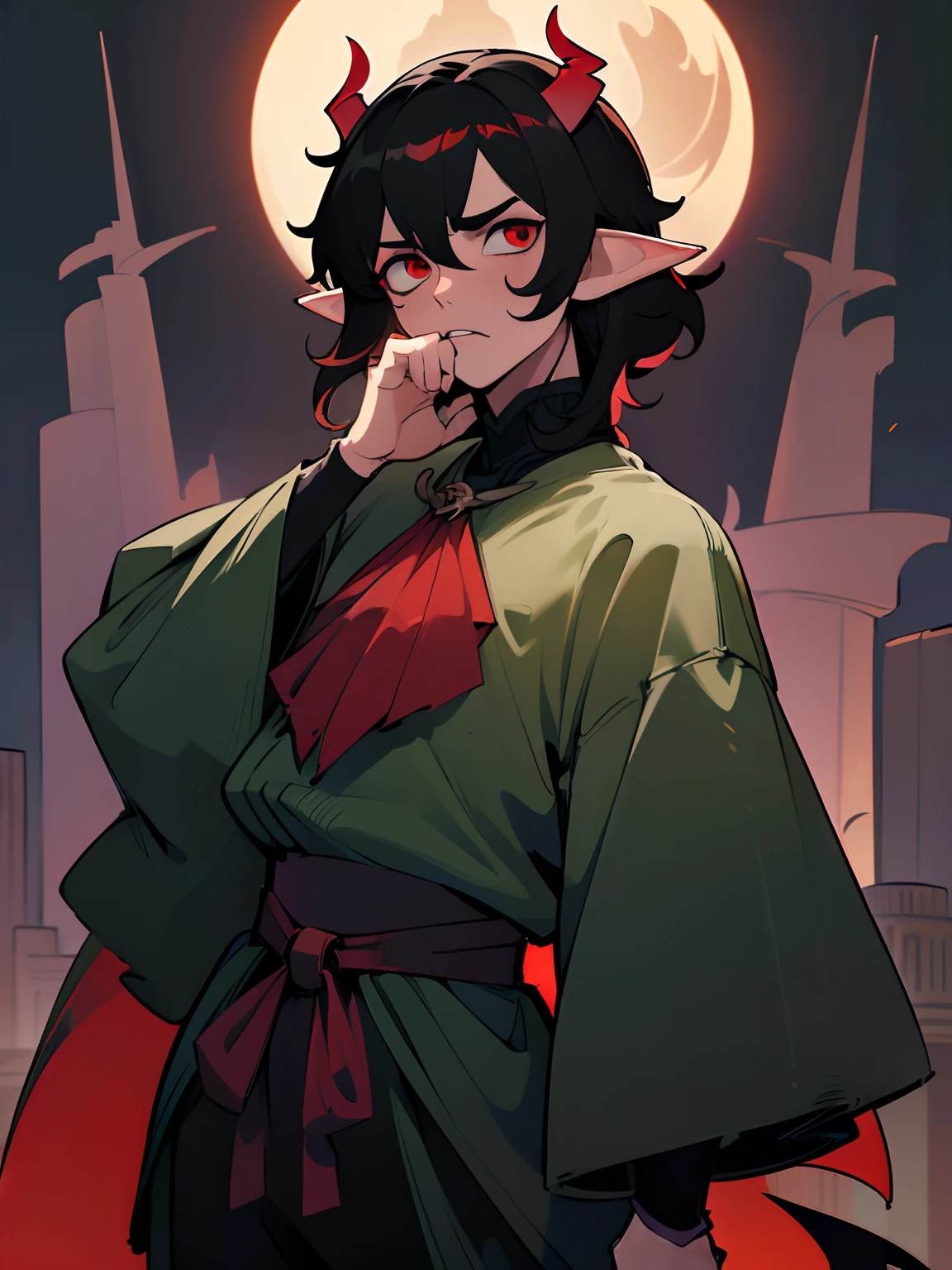 ((highest quality, masterpiece, 4k, finely detailed, detailed eyes, detailed face, intricate details, gelbooru, pixiv)), warm lighting, idol, super idol, super model ((solo)), 1 male, ((male)) (handsome, masculine, adult man, broad shoulders, tall guy, thin body), ((black hair, messy hair, short hair, bangs)), light skin, sharp features, (elf ears), ((baggy clothes, oversized clothes)), ((demon horns color fading from black to red)), ((sharp eyes, red eye color, tired expression, looking at viewer)), dynamic pose, city background, night sky, moon night, turtleneck sweater, loose pants, oversized parka