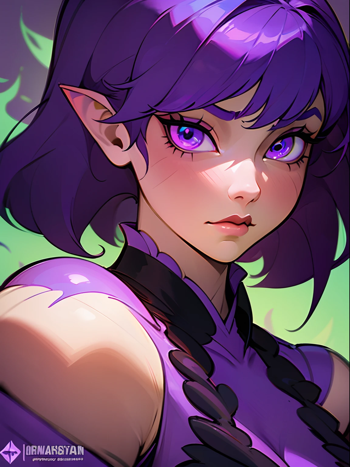 a close up of a woman in a costume with purple hair and purple glowing eyes, glowing green pumpkins, lois van baarle and rossdraws, artgerm and lois van baarle, artgerm and rossdraws, rossdraws cartoon vibrant, beautiful succubus, ross tran style, rossdraws 2. 5, inspired by Ross Tran, halloween art style, extremely detailed artgerm