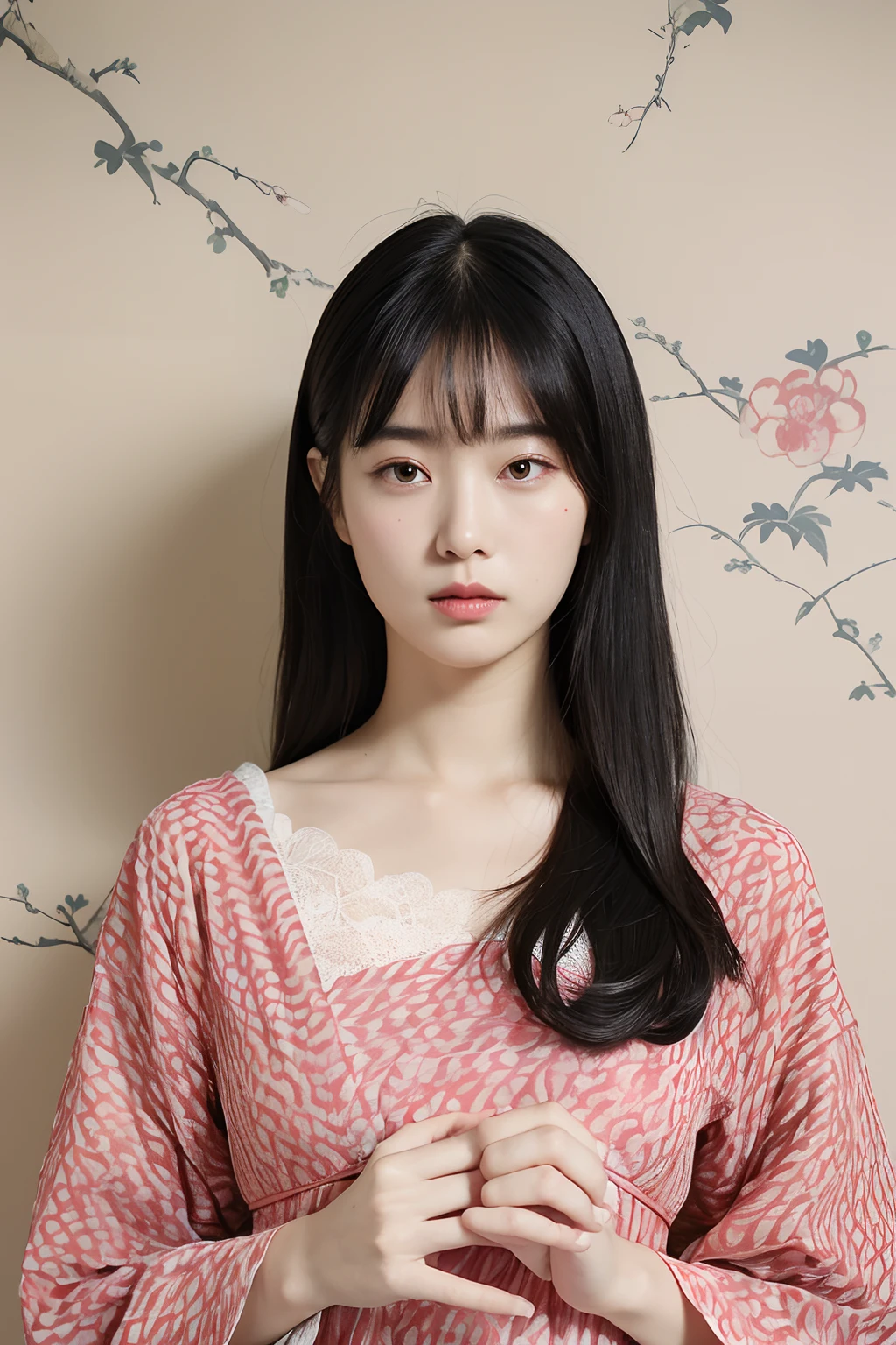 (extra detailed body、extra detailed face、best qualtiy:1.2)、femele、looking at the viewers、(Japanese pattern dress、asymmetry、Long black hair、Ukiyo-e wallpaper on background）