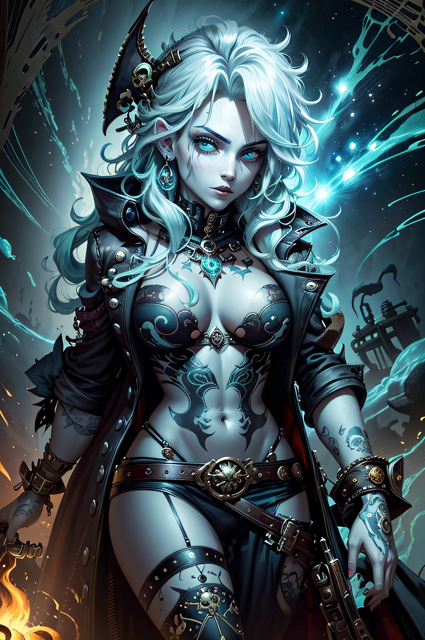 In the captivating image of a quirky chilling galactic pirate, in what appears to be a vividly painted portrait, every intricate detail jumps out to the viewer. The pirate's electrifyingly vibrant turquoise and neon green hair, styled in wild curls, adds an eccentric touch to their mysterious character. Their eyes, like shimmering opals, hold an enigmatic gaze that sends shivers down one's spine. The pirate's patched leather jacket, adorned with intricate silver buckles and faded space-themed patches, tells tales of daring escapades across the cosmos. The intricate tattoos covering their arms and neck, depicting otherworldly creatures, seem to come alive as they slither and crawl in the viewer's imagination. This high-quality image transports the viewer into a hauntingly beautiful world, where the chilling galactic pirate is the embodiment of both danger and allure. (435 characters).