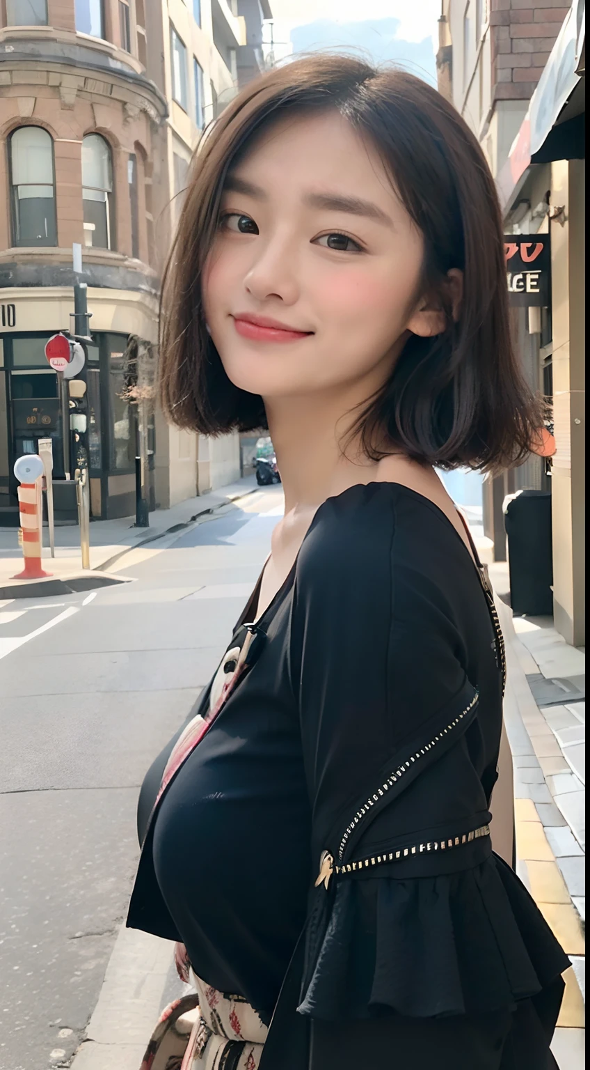 ((Best Quality、8K、masterpiece:1.3))、Focus:1.2、Perfect beauty:1.4、((Cut hair in layers、Poor breasts:1.2))、、(cloudiness、a street:1.3)、JK Dresses:1.1、Highly detailed facial and skin texture、A detailed eye、二重まぶた、Whiten skin、Hair length、(with round face:1.5)、cowboy shot、Winter clothes、a smile