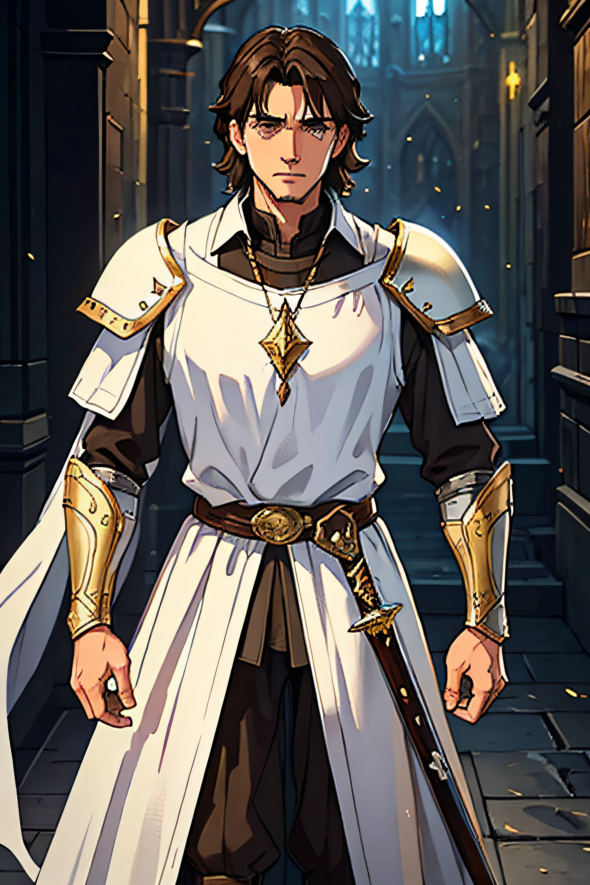 Homem medieval, This man he is white with long dark brown hair reflecting the light, Rugged white and gold armor, with parts of it covering up to the neck, the weapon, and a dark metal double-edged sword in a melancholy setting, consider a medieval RPG character