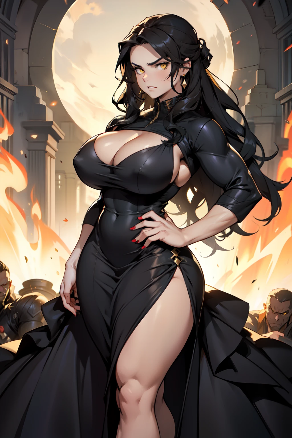 ((ballgown)) girl huge tits bodybuilder black hair yellow eyes pale skin muscular toned body thick thighs curvy angry wide hips wavy hair