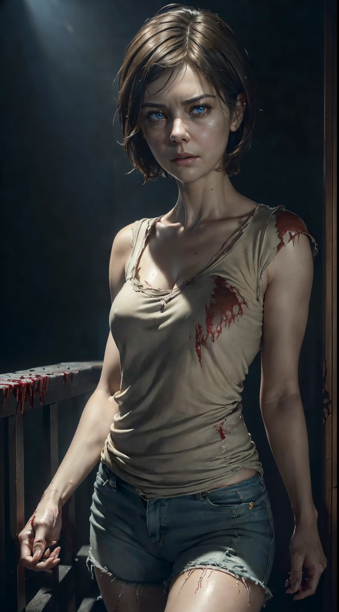 ((front view)), ((ultra high definition)), ((ultra high resolution)), ((full sharpness)), ((Masterpiece)), ((maximum quality)), ((Cinematic)), ((8k)), ((Maggie Greene/Lauren Cohan)), ((totally identical to the series)), ((The Walking Dead Series)), ((alone)), ((full body)), ((ultra detailed face)), ((ultra detailed eyes)), ((ultra realist eyes)), ((ultra detailed irises)), ((same irises)), ((perfect irises)), ((perfect body)), ((ultra delicate hands)), ((ultra detailed hands)), ((small hands)), ((ultra detailed fingers)), ((natural lighting)), ((smooth skin)), ((totally ultra realistic)), ((repeat the same face)), ((always the same face)), ((repeat always the same face)), ((always the same body)), ((always the same proportions)), ((always the same clothes)), ((looking at the camera)), ((completely transformed into a zombie)), ((torn and bloody clothes))