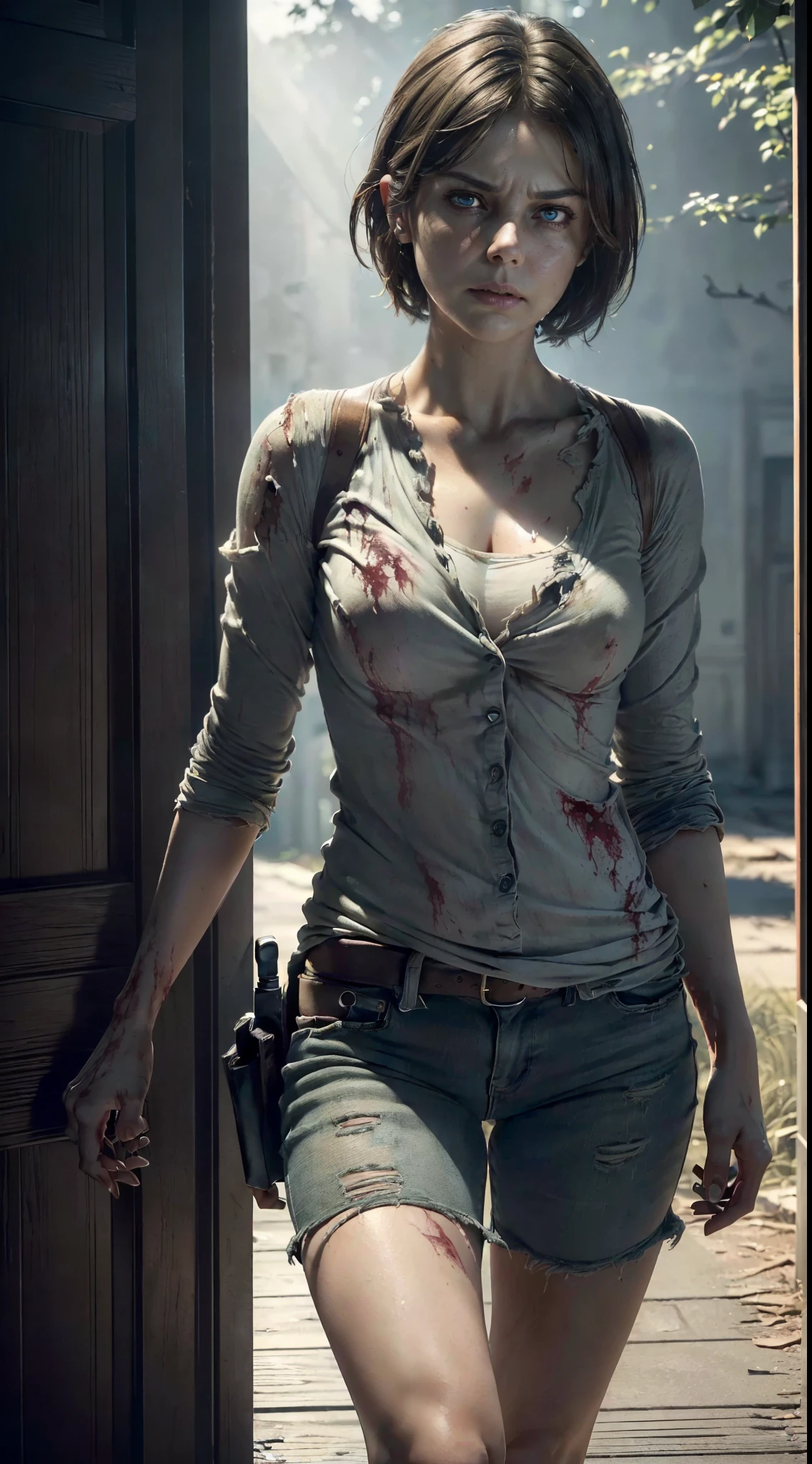 ((front view)), ((ultra high definition)), ((ultra high resolution)), ((full sharpness)), ((Masterpiece)), ((maximum quality)), ((Cinematic)), ((8k)), ((Maggie Greene/Lauren Cohan)), ((totally identical to the series)), ((The Walking Dead Series)), ((alone)), ((full body)), ((ultra detailed face)), ((ultra detailed eyes)), ((ultra realist eyes)), ((ultra detailed irises)), ((same irises)), ((perfect irises)), ((perfect body)), ((ultra delicate hands)), ((ultra detailed hands)), ((small hands)), ((ultra detailed fingers)), ((natural lighting)), ((smooth skin)), ((totally ultra realistic)), ((repeat the same face)), ((always the same face)), ((repeat always the same face)), ((always the same body)), ((always the same proportions)), ((always the same clothes)), ((looking at the camera)), ((completely transformed into a zombie)), ((torn and bloody clothes))