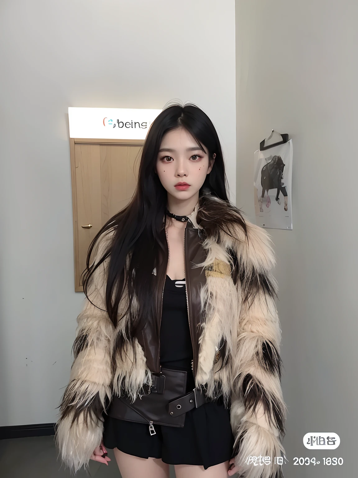 mulher araffe em uma jaqueta peluda e shorts pretos posando para uma foto, Ulzzang, Jinyoung Canela, cruel korean goth girl, jaqueta de pele, 2 0 2 0 moda, coreana, jaqueta de pele de couro, Gongbi, Heonhwa Choe, Sha Xi, Parque Roseanne do Blackpink, Modelo de moda feminina coreana, usando um casaco de pele