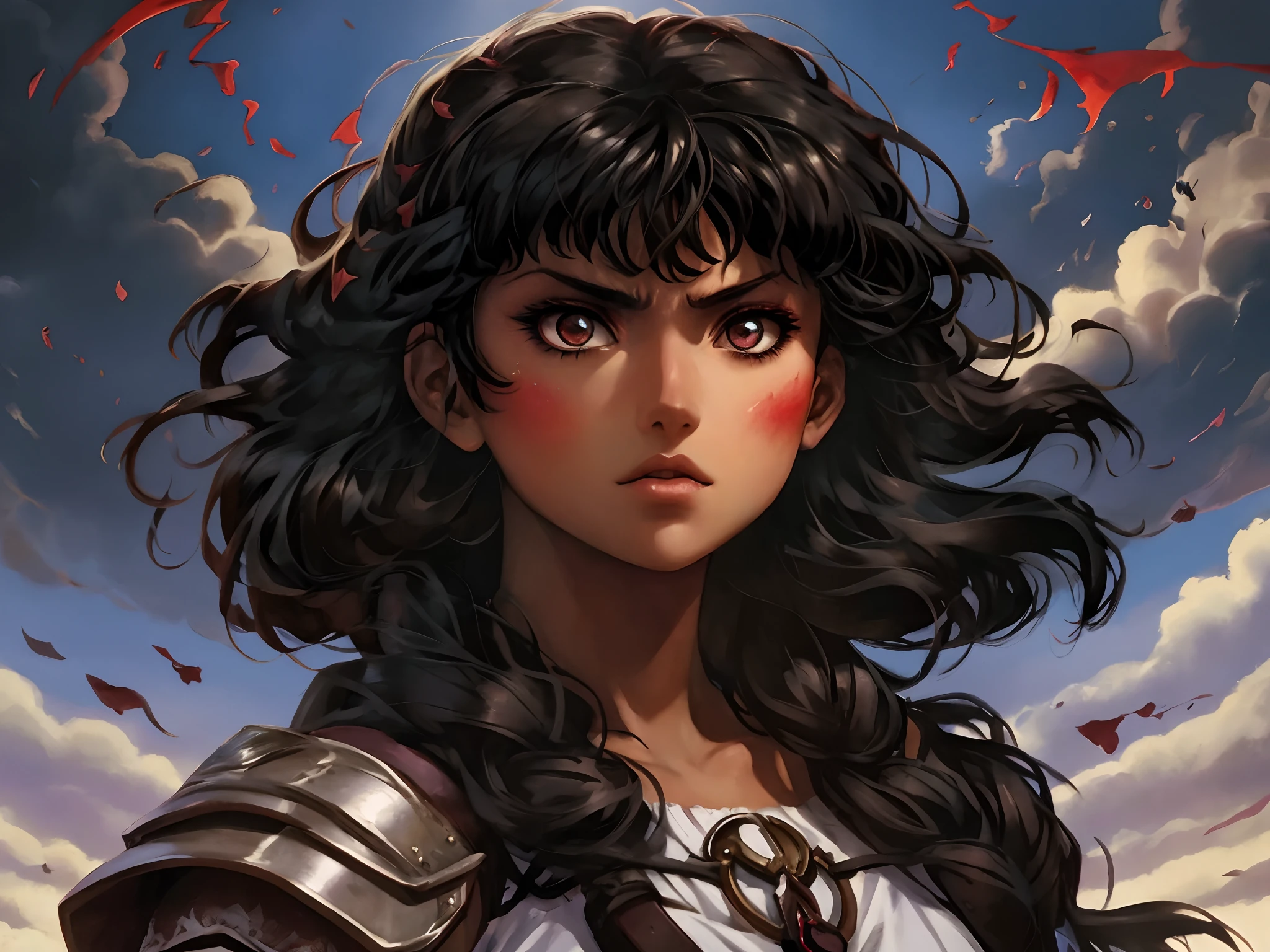 um close up de uma mulher com cabelos longos e uma espada, portrait knights of zodiac girl, Estilo de arte Berserk, arte de anime digital detalhada, Alena Aenami e Artgerm, arte detalhada do personagem de anime, Estilo Berserk, Magali Villeneuve», retrato detalhado da do anime, Zenra Taliyah, Artgerm extremamente detalhado, de berserk