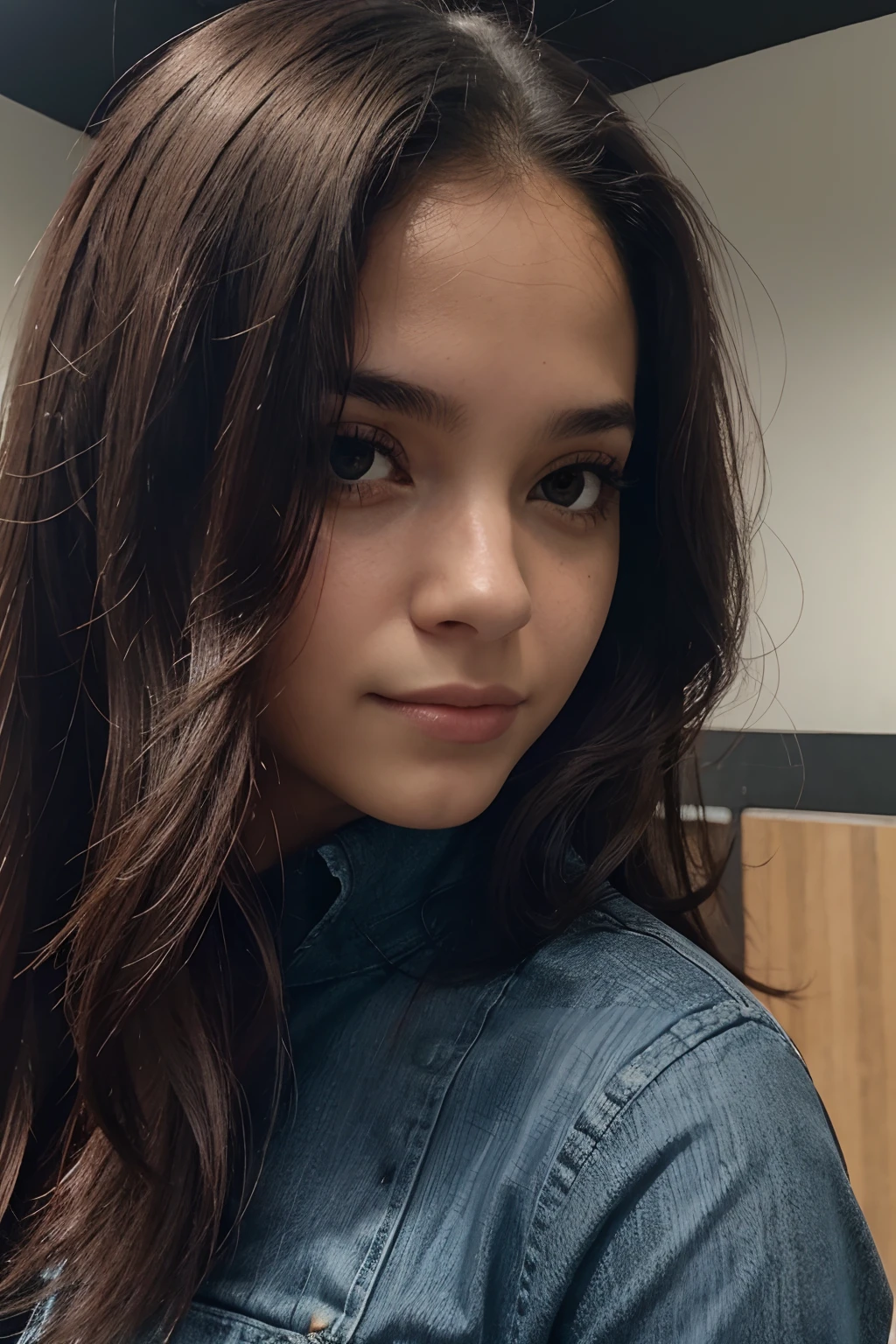 Among Us Background, menina legal , menina quente , Rosto realista , Qualidade 4k, face oval, maquiagem feita, batom rosa pequeno, Selfie, cabelo preto ondulado, messy hair, retrato