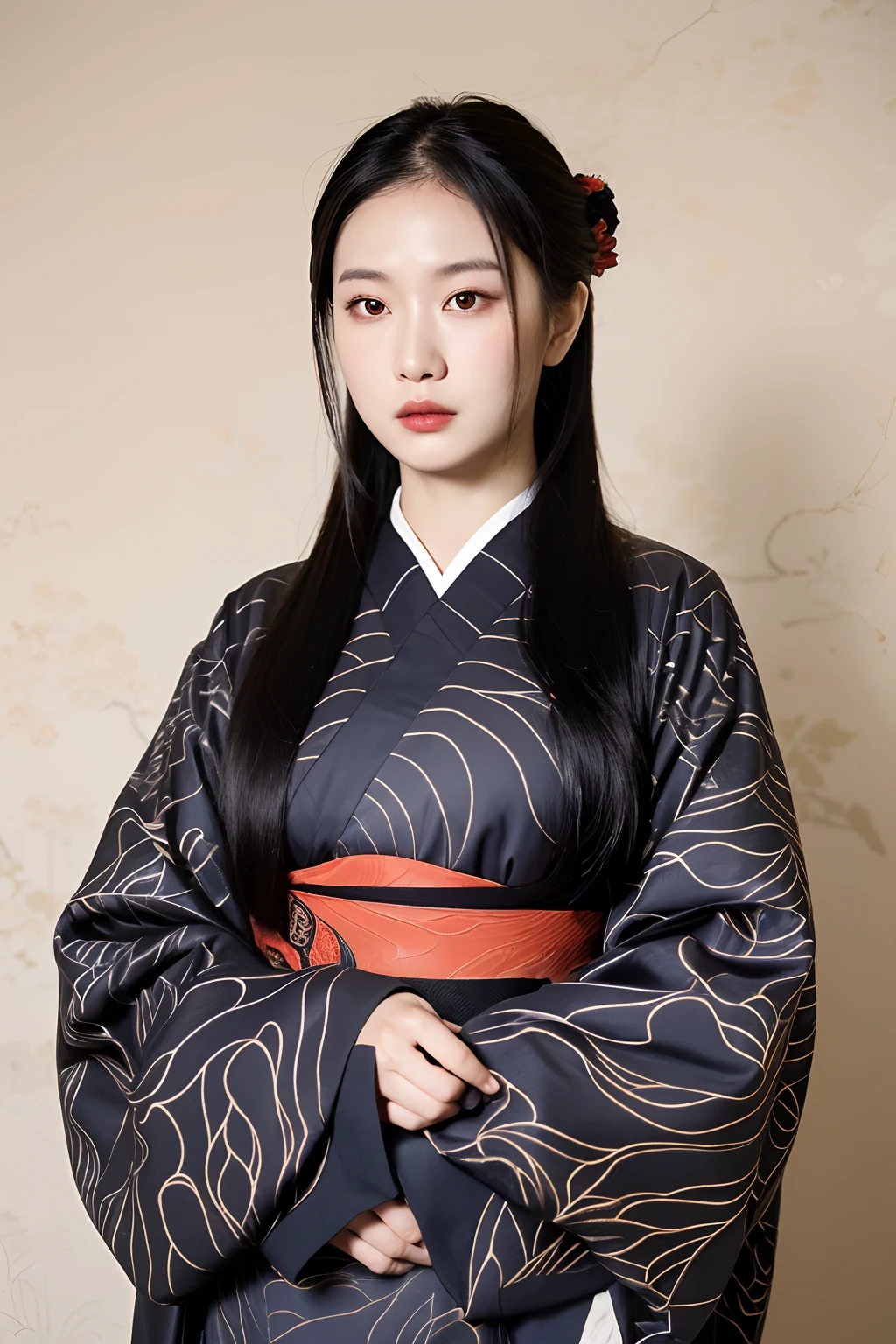(extra detailed body、extra detailed face、best qualtiy:1.2)、femele、looking at the viewers、(Japanese pattern dress、a gorgeous、Long black hair、Ukiyo-e kabuki wallpaper on background）