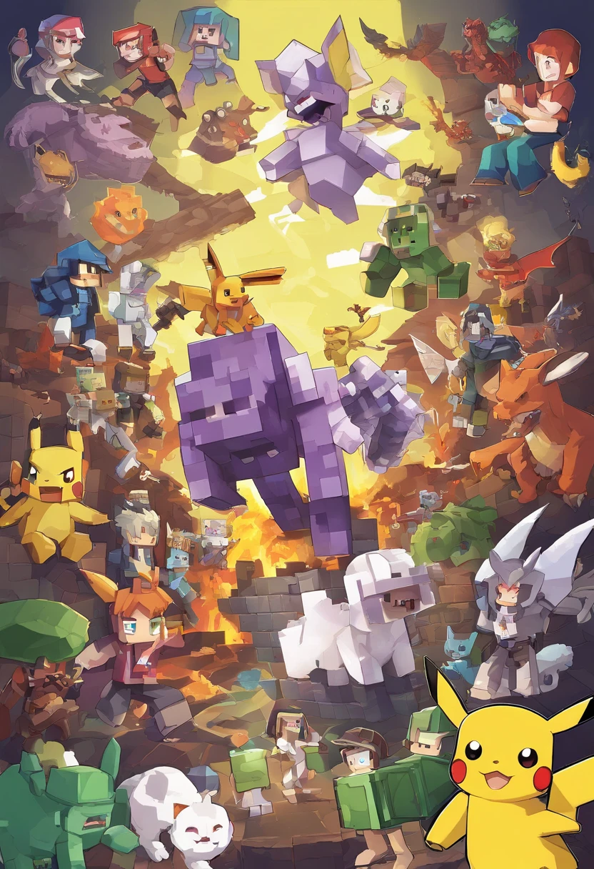 1 boy, , White color hair, Holding,  holding a mic，Talk to people, Pikachu,Pokémon Contest，boisterous，firebreathing dragon，Mewtwo，Jeni Turtle，Kabi Beast，drak