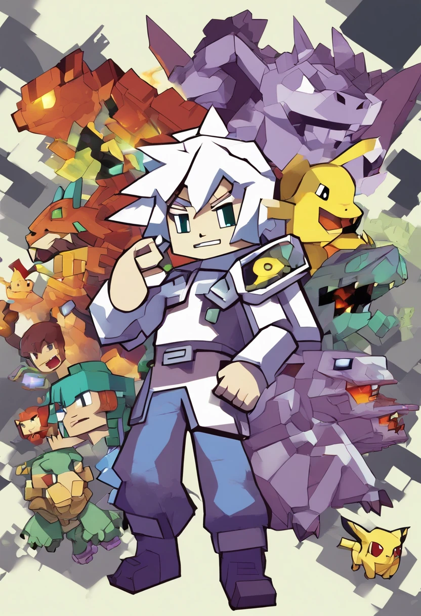 1 boy, , White color hair, Holding, holding a mic,Talk to people, Pikachu,Pokémon Contest,boisterous,firebreathing dragon,Mewtwo,Jeni Turtle,Kabi Beast,drak