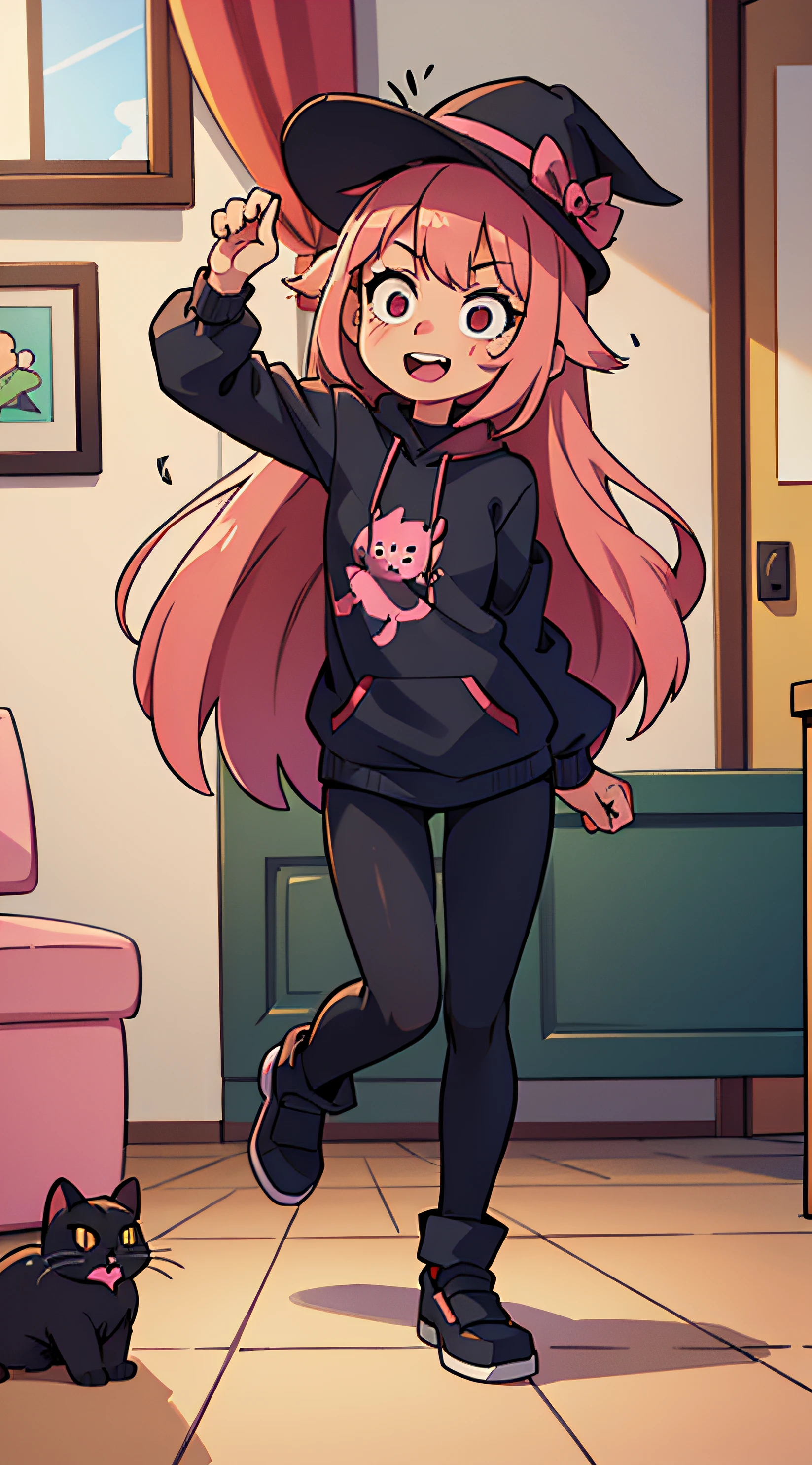 Girl with pink hair. Black Cat Costume. room. joying