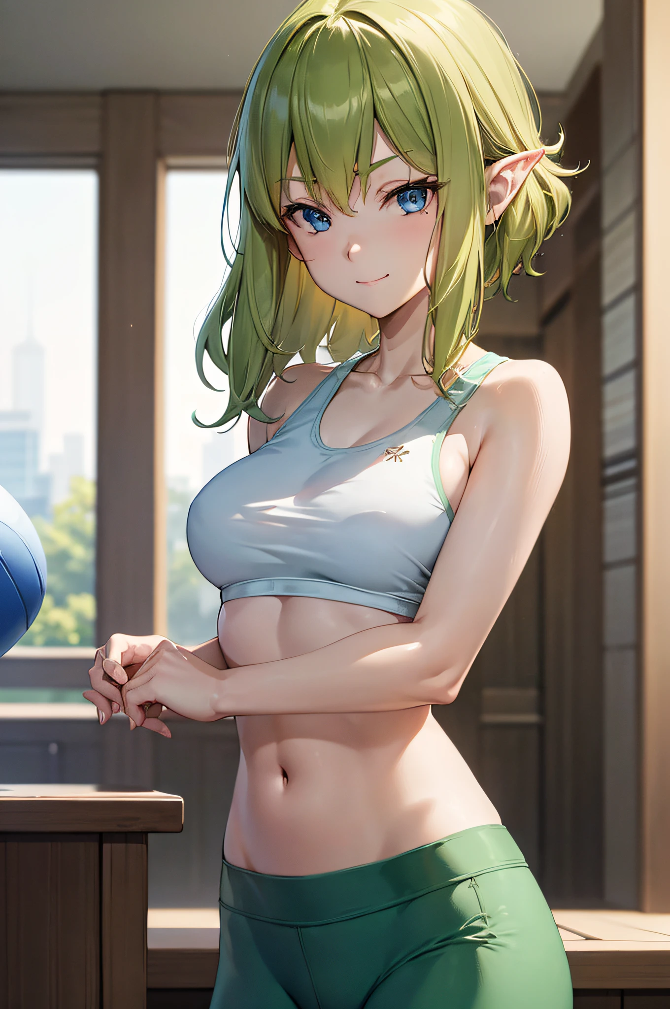 blue eyes,masterpiece, best quality, photorealistic, yujiasuit, yoga sports bra, yoga pants, 1girl, solo, , yoga ball, pants, looking at viewer, smile, green sports bra, simple background, , midriff, long hair, breasts, green pants, sportswear, tank top, upper body,