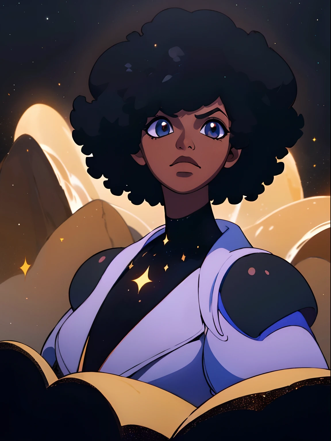 (best quality, masterpiece), 1girl, particle, mountains and rocks, upper body, simple dark background, looking at viewer, black afro hair, dark skin tone, white and gold modern clothing, galaxy