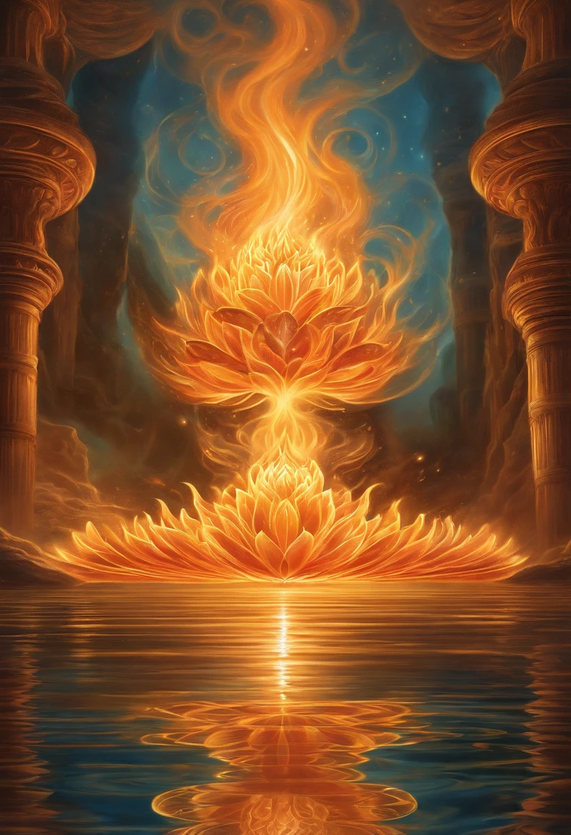 um flor de lotus em chama, a close-up of a reflection of fire and water on a surface, Jen Bartel, holy fire spell art, Dan Mumford e Alex Grey Estilo, Fire reflection, fire and water, Aura de poder. circunstanciado, solstice fire, holy flame spell, Directed by: Jason Benjamin, holy flame crown spell, digital illustration radiating, energy flows of water and fire, Lotus Do in Resolution 2.048 x 1.152 pixels