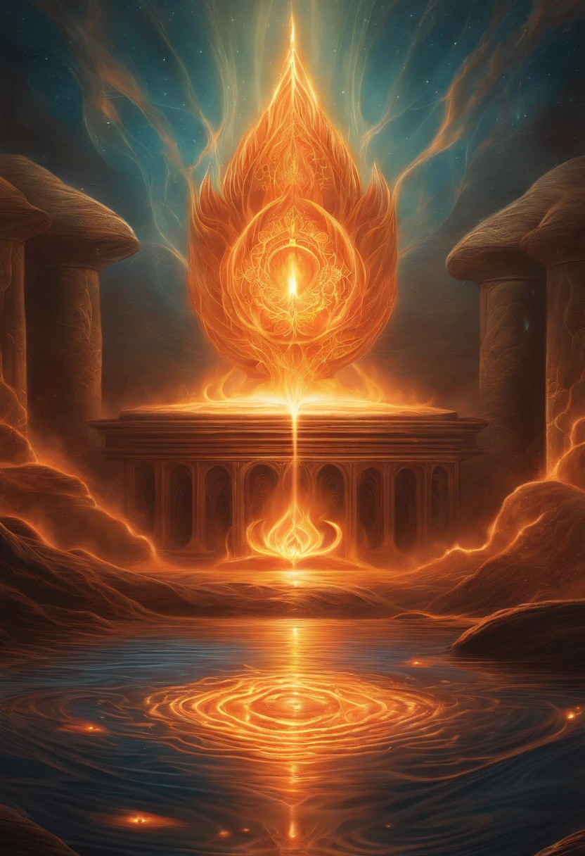 um flor de lotus em chama, a close-up of a reflection of fire and water on a surface, Jen Bartel, holy fire spell art, Dan Mumford e Alex Grey Estilo, Fire reflection, fire and water, Aura de poder. circunstanciado, solstice fire, holy flame spell, Directed by: Jason Benjamin, holy flame crown spell, digital illustration radiating, energy flows of water and fire, Lotus Do in Resolution 2.048 x 1.152 pixels
