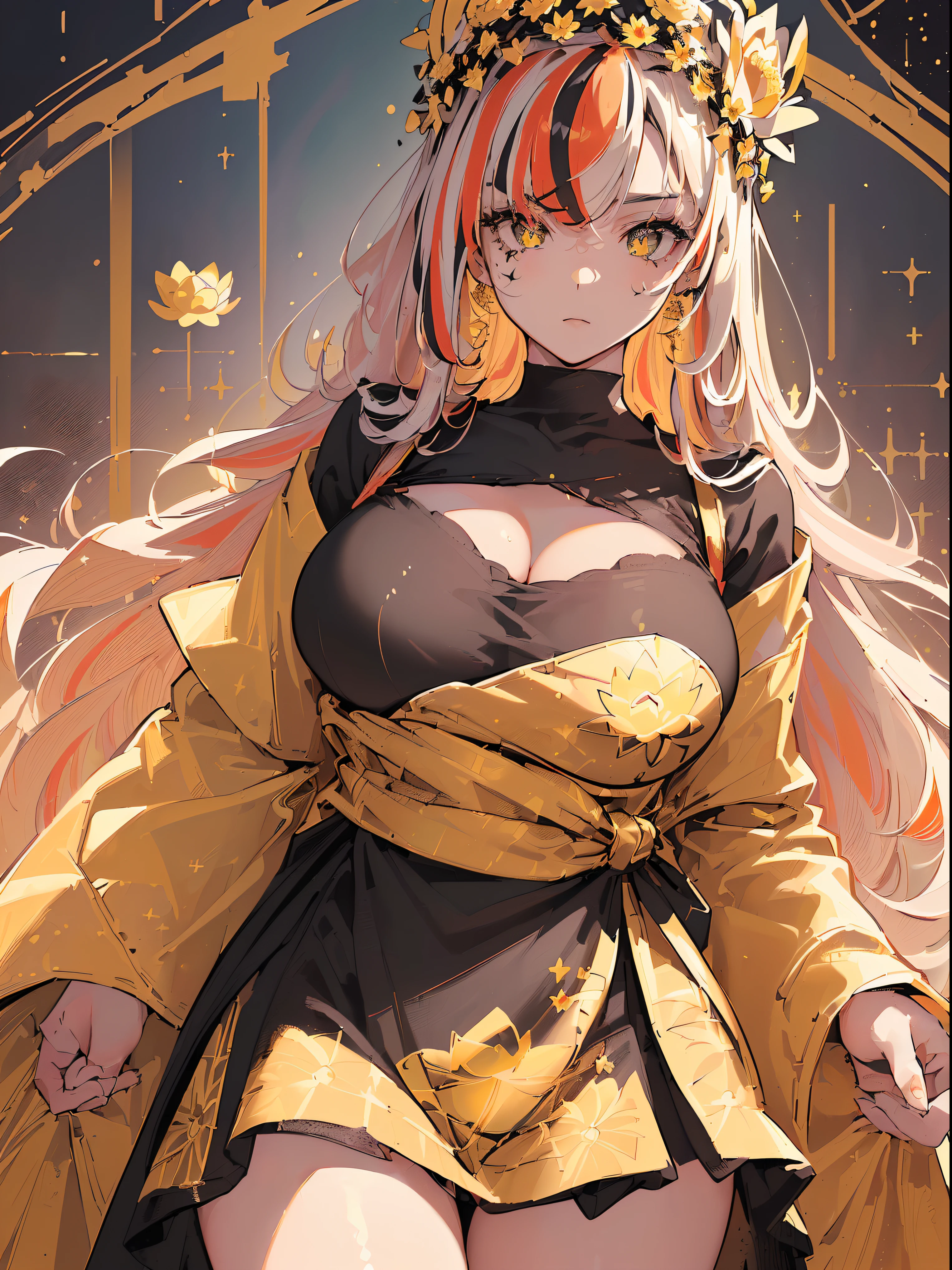 (((((( baggy T-shirt, daisy field,flower dome,))))))((((Blush:1.2,Loose cuffs,))))(((((((Monochrome world, Use only shades of black and yellow and red, sparkling particles, geomerty:1.2, ))))))),((1girl,Amazing,Sharp focus,seductive lady,Solo,From below:1.1,((half kimono ,thigh ribbon,long latex gloves,))(((Masterpiece,Best quality, offcial art, Beautiful and aesthetic:1.2))),((hyper HD,Golden ratio,)) (16k),((Upper lens,facial tattoo)), (((lotus,flower crown))), (((Sagging breasts))))),(Physically-based rendering),Sharp focus, (((highdetailskin,))),intricate outfits,Delicate pupils,Cardiac pupils,Danfeng Eyes,((((detailed hairs|Long hair|Long bold side bangs|Cover your eyes|Naturally curly|streaked hair)))),Slender,(masterpiece sidelighting),(The sheen),(Beautiful hair,Beautiful eyes,)((unbelievable Ridiculous,)),((extremely_Detailed_Eyes_and_face)),film quality,(Dynamic configuration: 1.2),Brilliant,Glossy, (Photorealistic), ((cross pupils)), two-sided fabric,Ultra-precise depiction, Ultra-detailed depiction,
