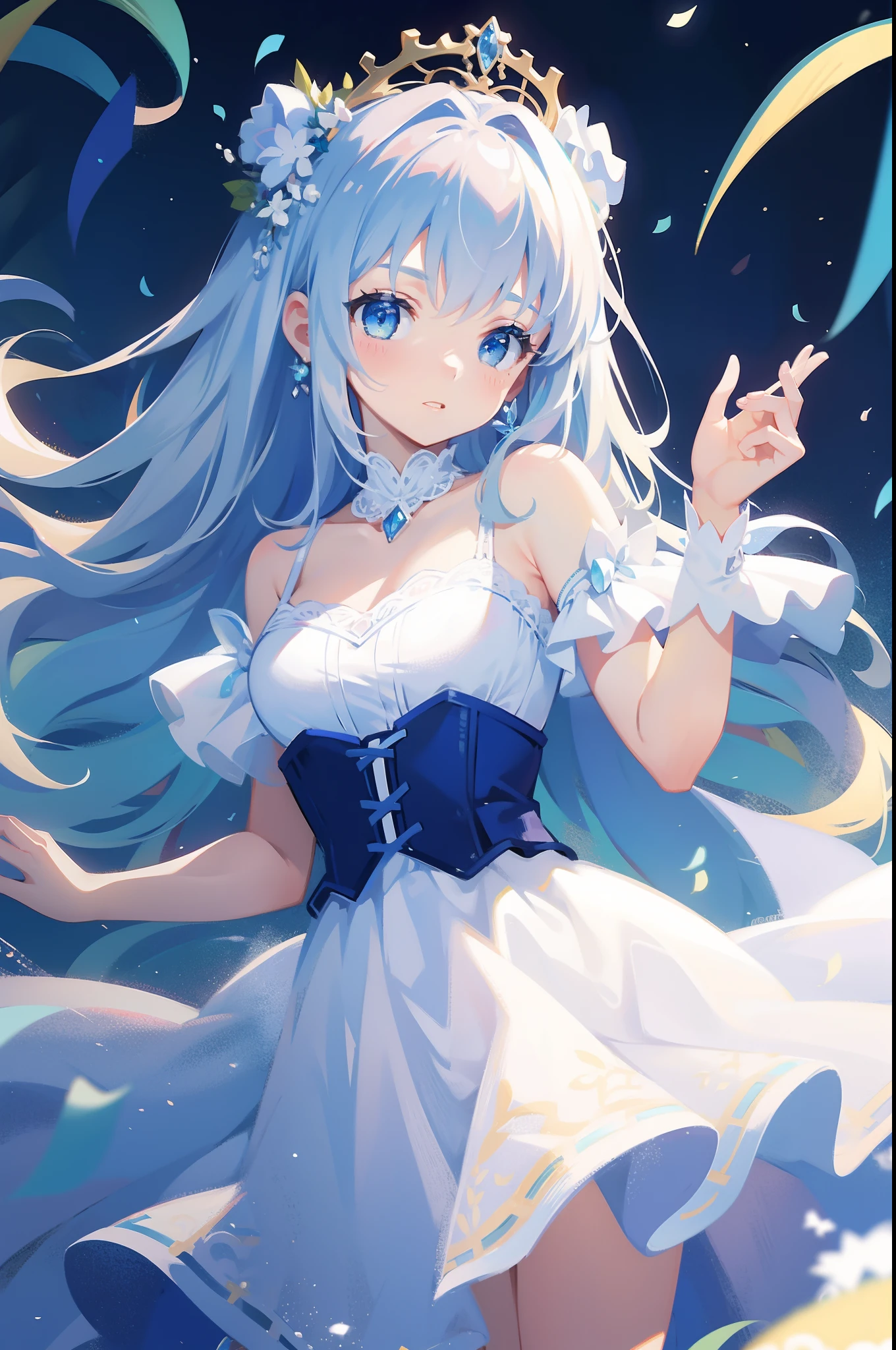 masterpiece, 8k, sharp focus, high resolution, princess, beautiful girl, fantasy white dress with blue corset