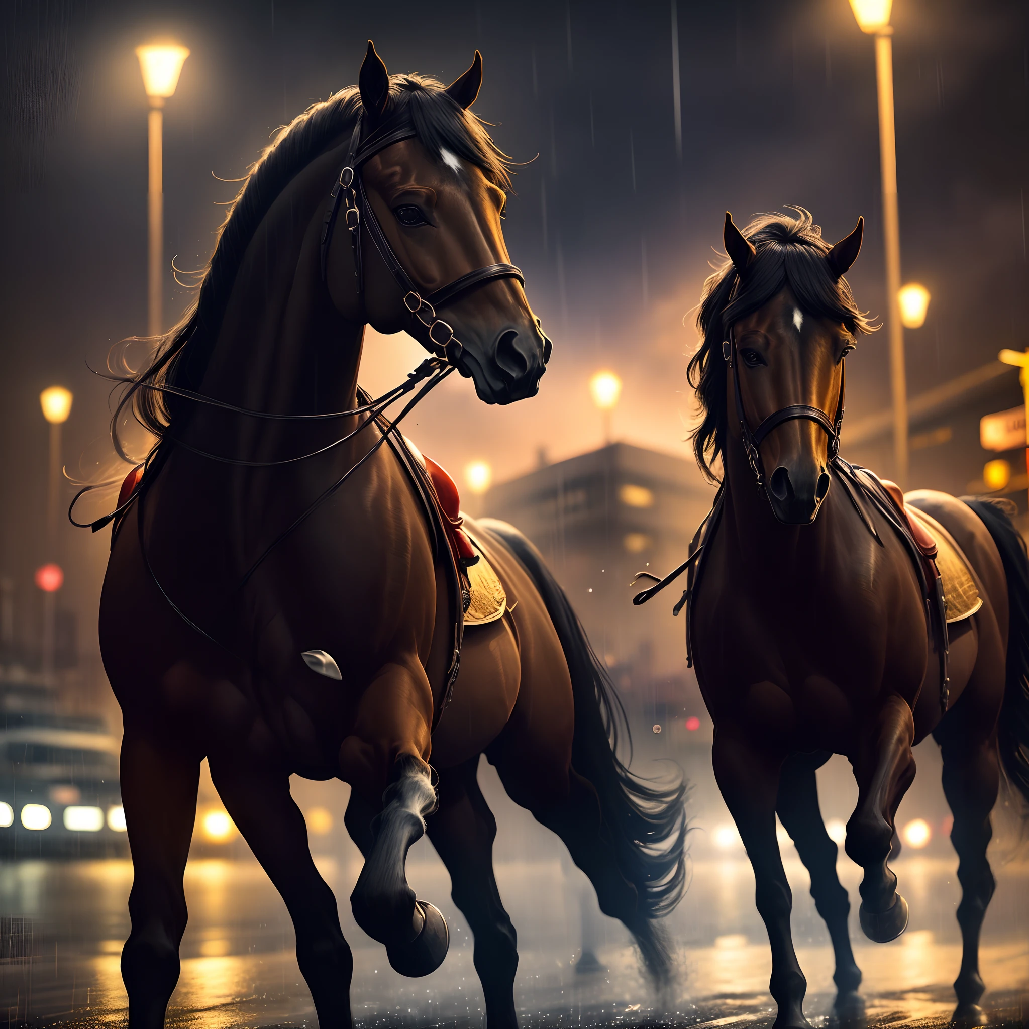 Lone rider on the road with black horse at night raining with golden sword